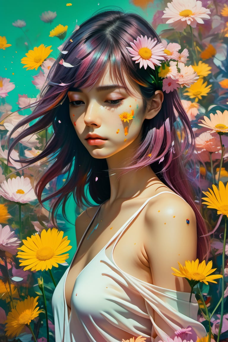 (masterpiece,best quality, ultra realistic,32k,RAW photo,detailed skin, 8k uhd, high quality:1.2), abstract expressionist painting oversaturated, burned, light leak, expired film, photo of a robot girl crying crowded by busy flowers . energetic brushwork, bold colors, abstract forms, expressive, emotional