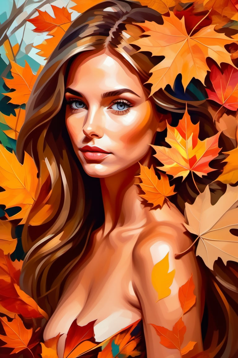 (masterpiece,best quality, ultra realistic,32k,RAW photo,detailed skin, 8k uhd, high quality:1.2), abstract expressionist painting a woman made of autumn leaves, digital painting, trending on artstation, ambient lighting, highly detailed . energetic brushwork, bold colors, abstract forms, expressive, emotional