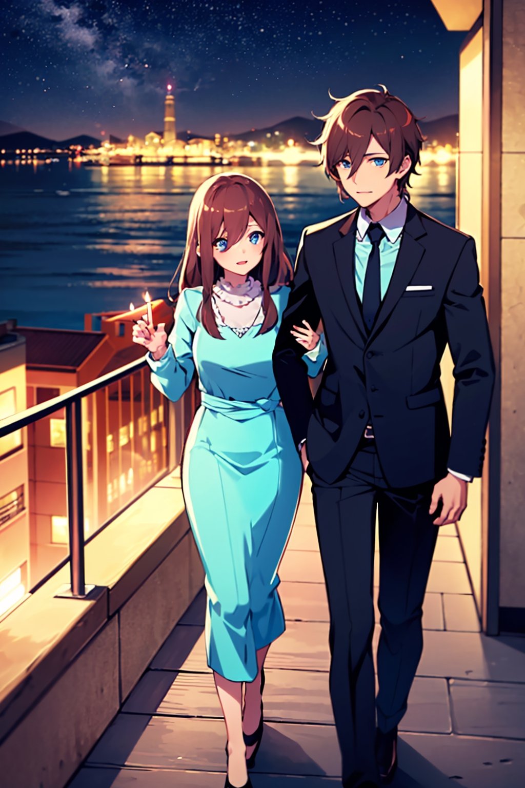 date night, on the balcony of an elegant restaurant, dim candles, night view of a coastal town, endless sea, dark sky, cute girl on the balcony, elegant suit, nice hair, man with black hair color and green eyes, miku_ nakano with brown hair and blue eyes, delighted to see the viewer, walking towards her, couple,nm1