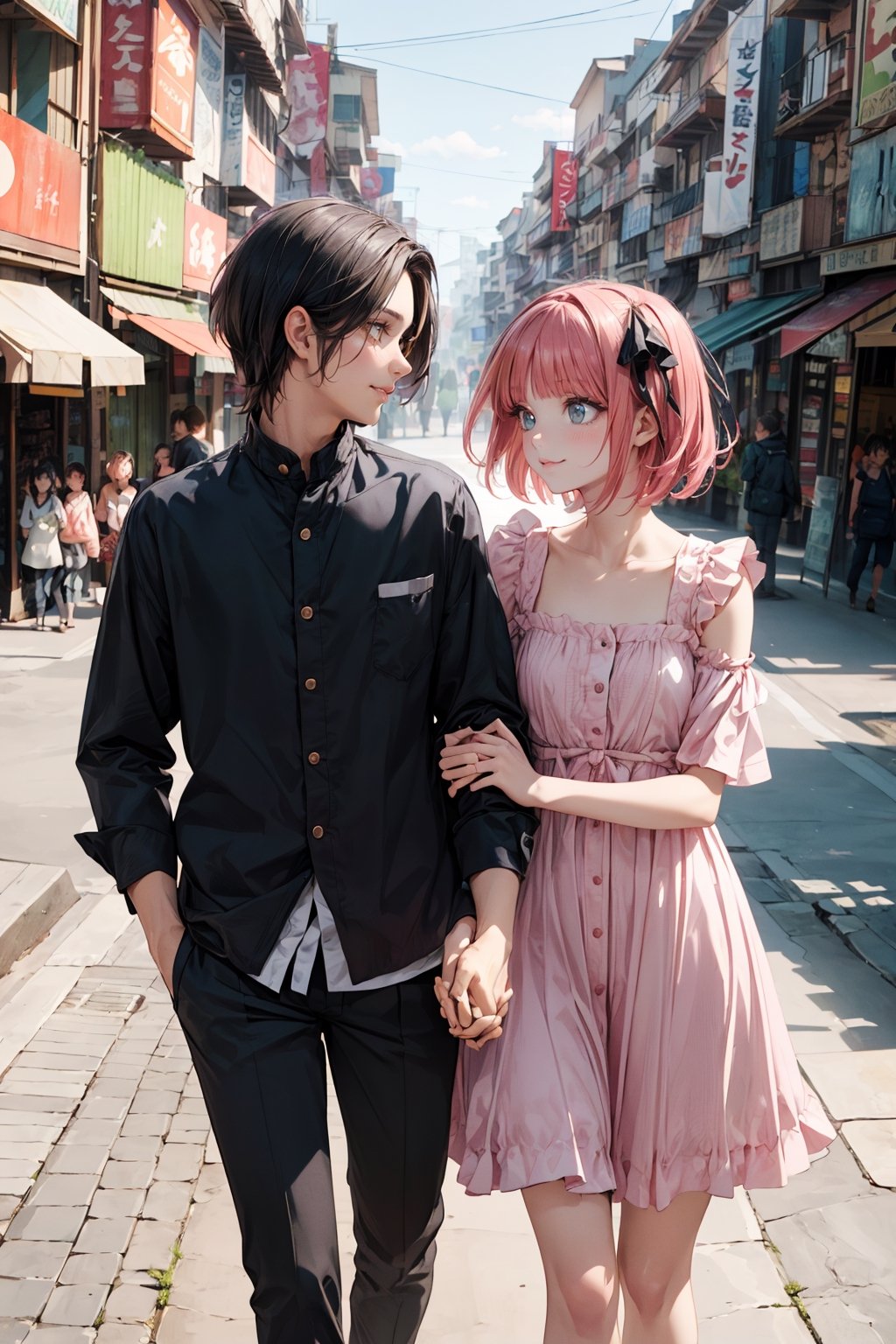 couple of man and woman, man(tall, young, muscular, black hair, green eyes) and nino nakano(slim body, cute, small, dress, short pink hair, smile), romance, holding hands strolling through the quiet park, looking at each other. (masterpiece, high resolution, high quality: 1.2), ambient occlusion, exceptional colors, low saturation, high detail, detailed face, dreamscape
