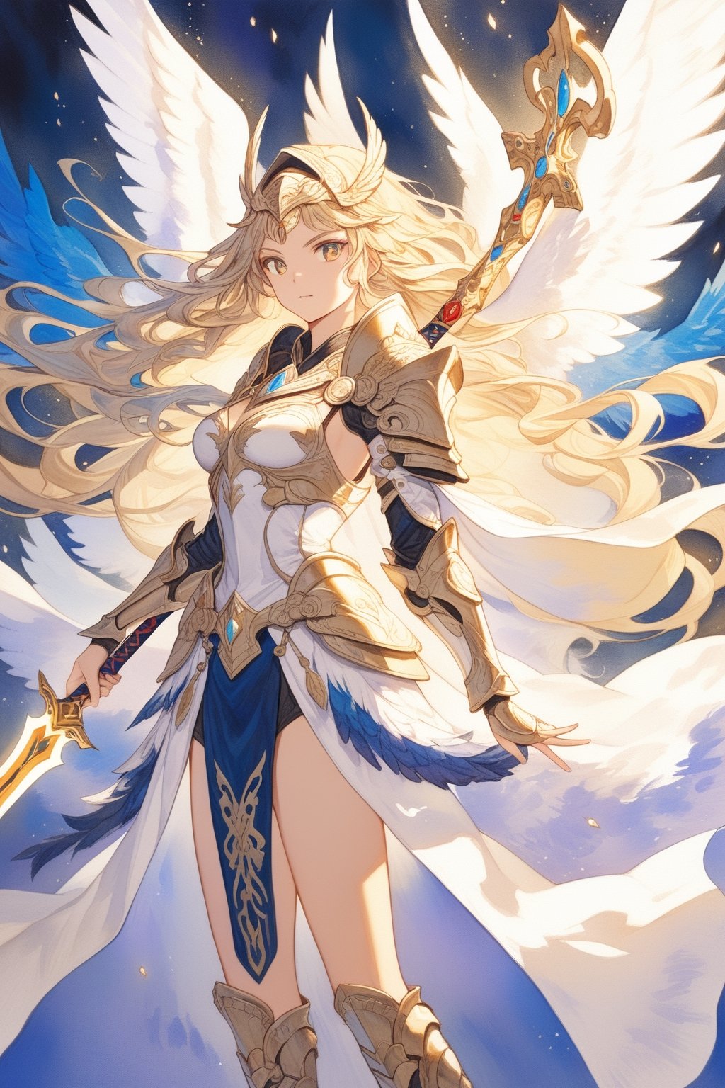 a captivating valkyrie, gleaming armor, fierce expression, holding a glowing sword. expertly craft acrylic painting with vibrant colors, intricate details. flowing golden hair, contrasting with deep background, adding depth. every brushstroke shocases the artists skill, conveying power and grace.

