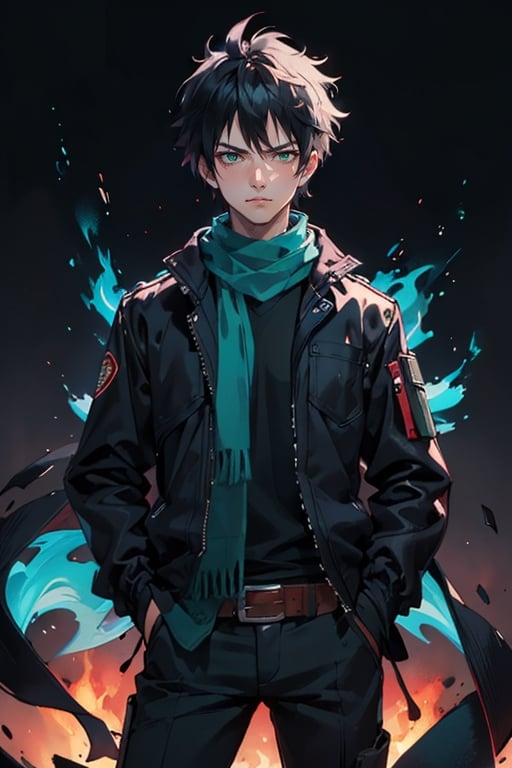 (masterpiece, best quality: 1.2), cowboy photo, alone, male focus, 1 boy, serious, hands in pockets, black scarf in neck, black jacket, vash the stampede, yofukashi background, black hair, green eyes , messy hair, blue fire around him,human on fire