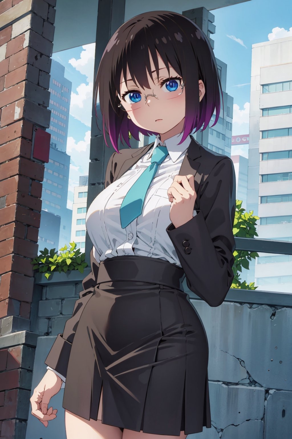 dragonelma, elmatest:1, elma, black hair, blue eyes, glasses, multicolored hair, short hair, slit pupils, rimless eyewear,BREAK collared shirt, long sleeves, necktie, office lady, pencil skirt, shirt, skirt, wing collar,BREAK looking at viewer,BREAK outdoors, office,BREAK, GoodHands-vanilla:1, (masterpiece:1.2), best quality, high resolution, unity 8k wallpaper, (illustration:0.8), (beautiful detailed eyes:1.6), extremely detailed face, perfect lighting, extremely detailed CG, (perfect hands, perfect anatomy),