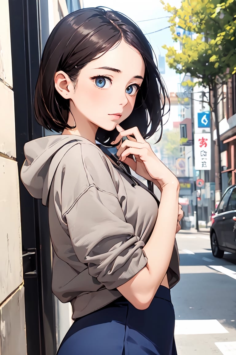 (masterpiece, best quality), 1girl, beautiful face, beautiful body,  ichikawakana-nvwls-v1:1, ichikawakana, grey hoodie, blue skirt, ringed eyes
,Kana Ichikawa