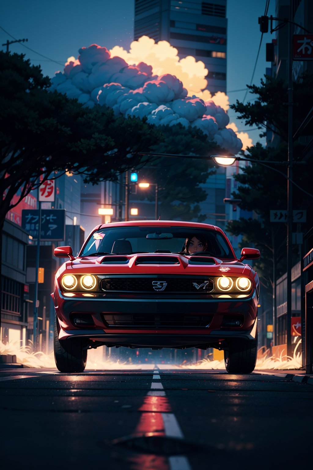 Dodge Challenger nismo tokyo drift style, racing on shibuya street midnight, wheels spinning with smoke, motion blur, long distance drift, poster composition, blue neon light effect on car bottom, black rim, hot wheels style, midnight, dark night, low key, cool, aesthetic, full car in frame, full car image, drift, highly detailed, 8k, 1000mp, ultra sharp, masterpiece, realistic, detailed grills, headlights detailed, 4k grill, 4k headlight