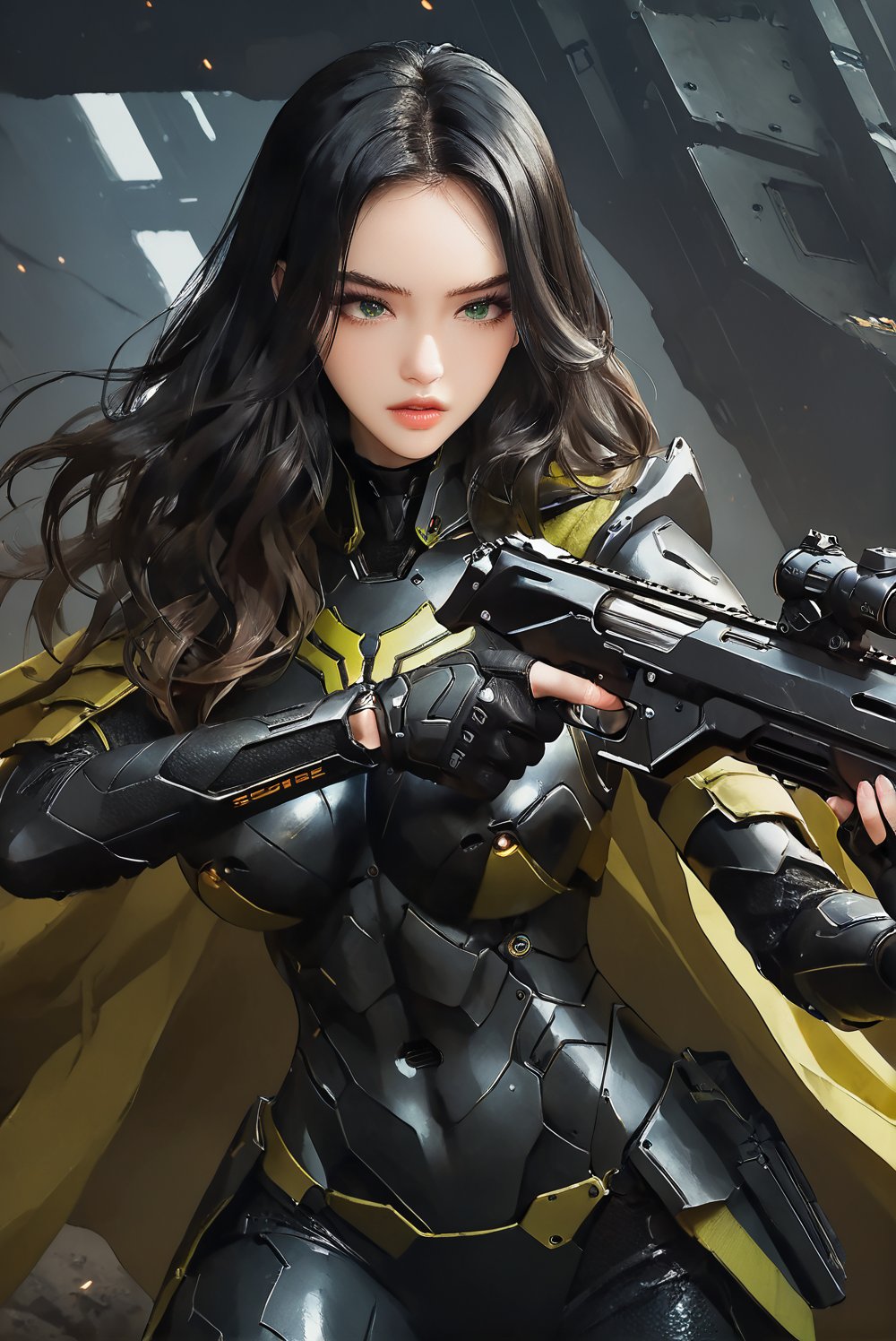 score_9, score_8_up, score_7_up, stellar_blade_tachy, a stunningly glamorous 17 year old girl, in a war zone, trench, close up, perfect busty model body, green eyes, long black hair, balayage hair, gloves, two-tone green and black armor, combat suit with external skeleton design, pencil drawing, masterpiece, best quality, official art, beauty & aesthetics, IncrsNikkeProfile, zoom cape, holding a gun, holding a gun, one knee,Expressiveh