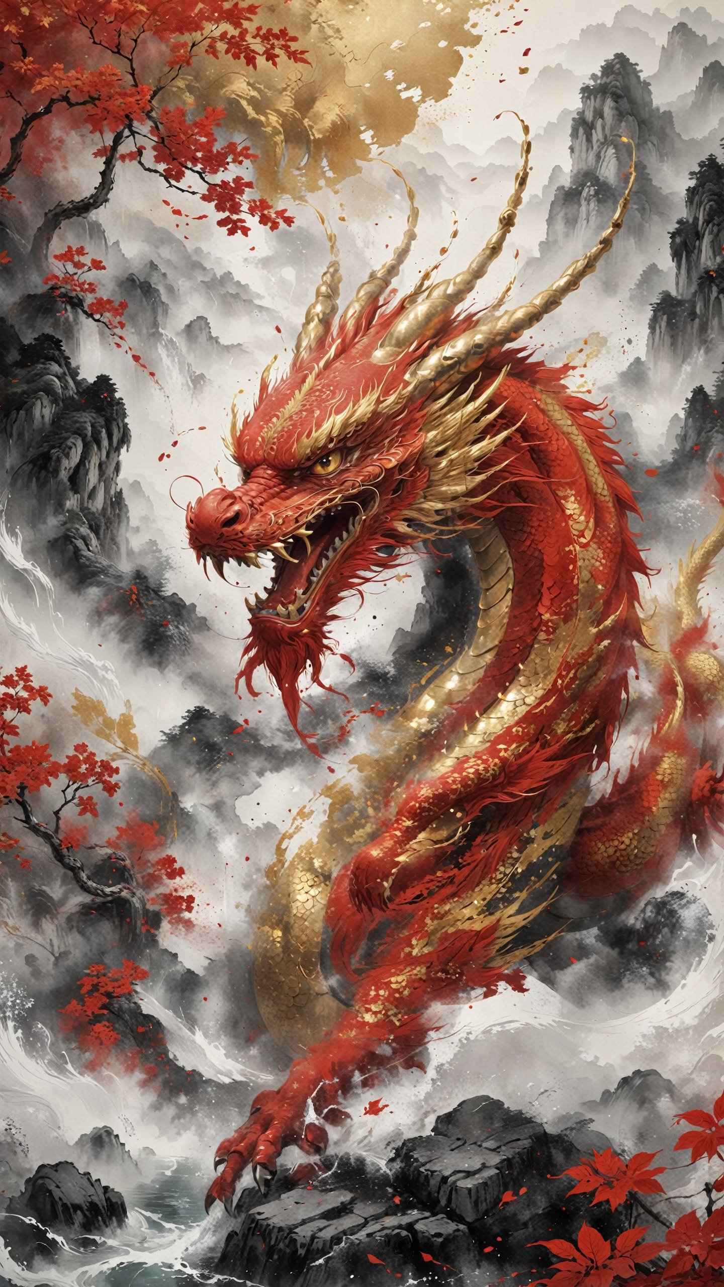 art based on red and white,Traditional Chinese art style,((gold leaf art materials)), beautiful Chinese Legendary Dragon, intricate scenery,Color Splash,ink,depth of field,optical osmosis