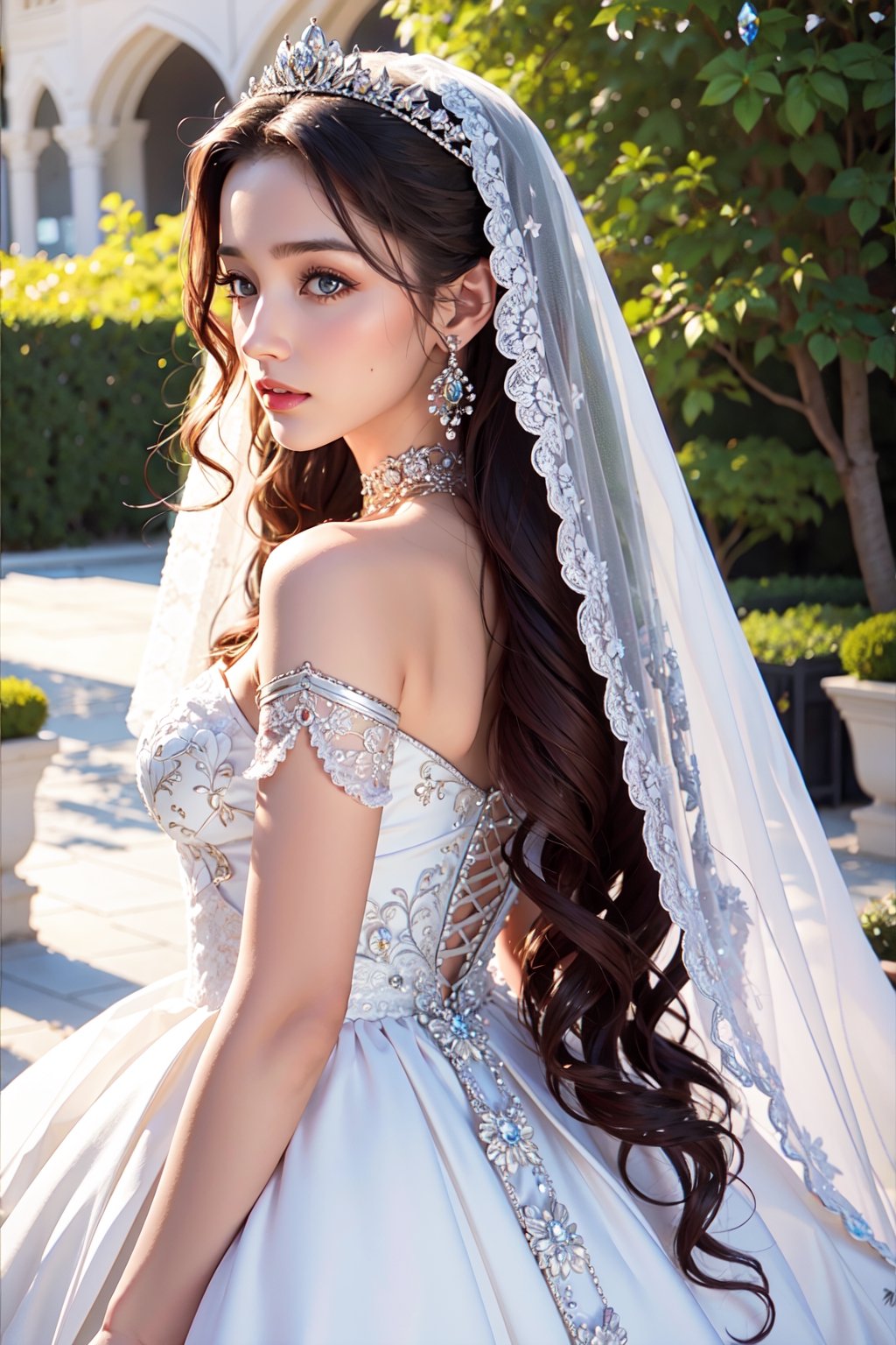 8k, RAW photo, best quality, official art, aesthetic, 1girl, long_hair, top teen model, Beautiful Arabian woman, 25 years old, detailed background, wedding_band, wedding party, elegant,  silver-white wedding dress, crystals embroidery, Wearing a gorgeous crystal tiara, Realism, wedding dress, natural makeup, garden wedding,facing_viewer, front_view, flowers