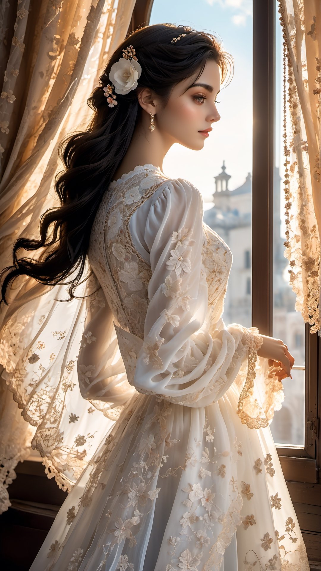 a beautiful Spanish lady sits by the window, a transparent embroidered curtain is swayed by a breeze,  wearing a combination dress made of richelieu lace, made of snow-white fine fabric, the sun's rays fall on the girl's flowing long dark hair, she dreams, delicate pastel colors, velvet bedspreads, many interesting details, flowers, figurines, marble, crystal in the room