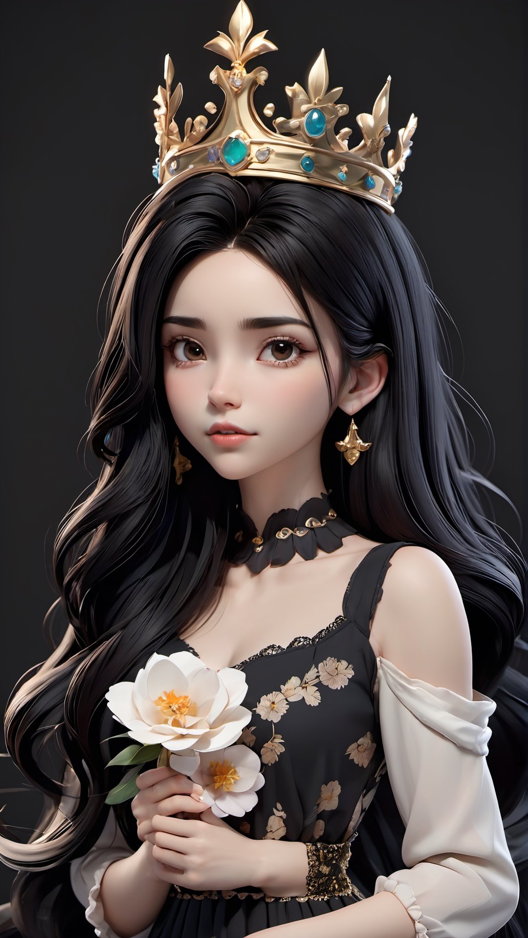 black background, long hair, solo, parted lips, crown, lips, flower, 1girl, upper body, black hair, dress, looking at viewer
,3d toon style