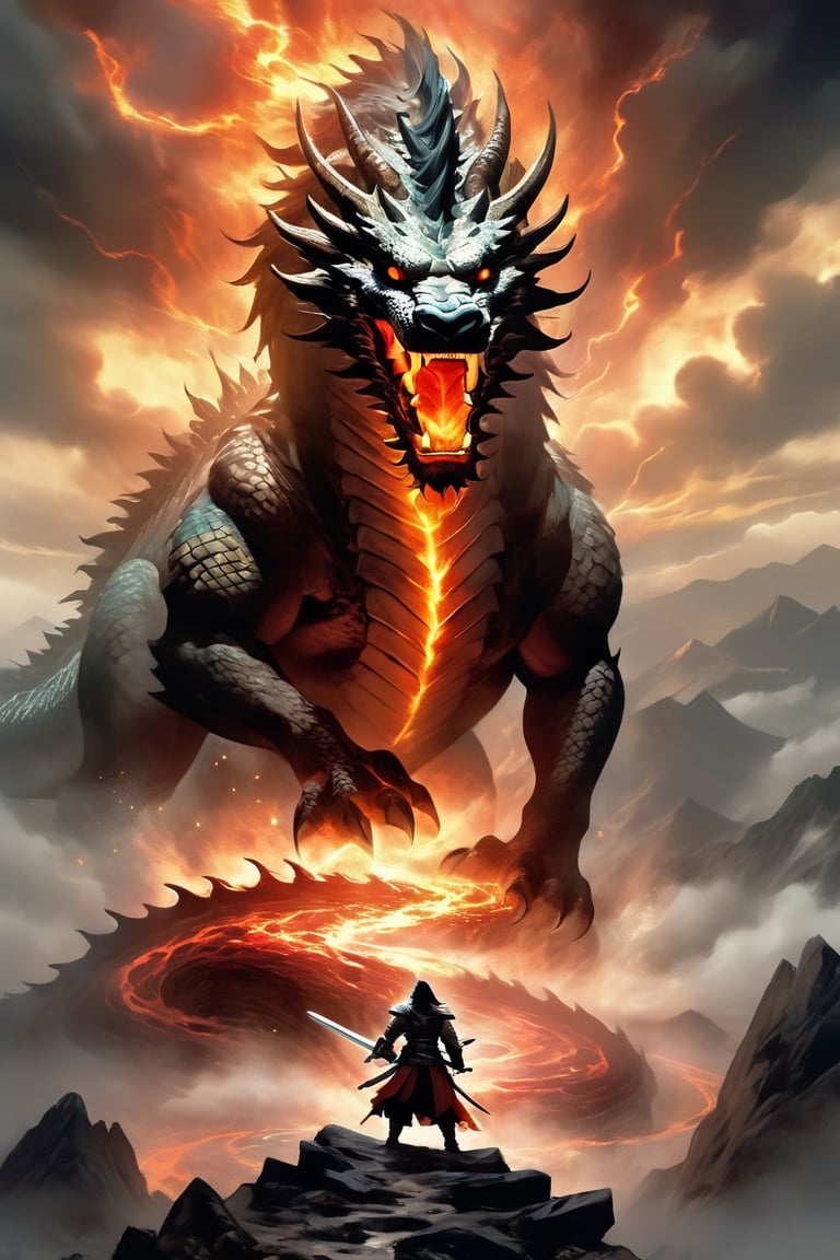 An Epic landscape where a colossal dragon emerges from the stormy sky, with huge red flames coming out of its mouth. His scales are armored plates of ancient design and his mane of sharp thorns magnificently crowns his neck. On the mountain pass below, a noble armored Knight carries a sword, facing the beast. Vampy's silhouette is backlit by a beam of light that cuts across the horizon and casts an ethereal glow over the rugged terrain. The dragon's breath swirls around them, mixing with the clouds, while the ground is littered with jagged rocks.
Ultra-high detail, detailed starry sky. all rendered in the distinctive styles of artists Craola, Dan Mumford, Andy Kehoe and Luis Royo