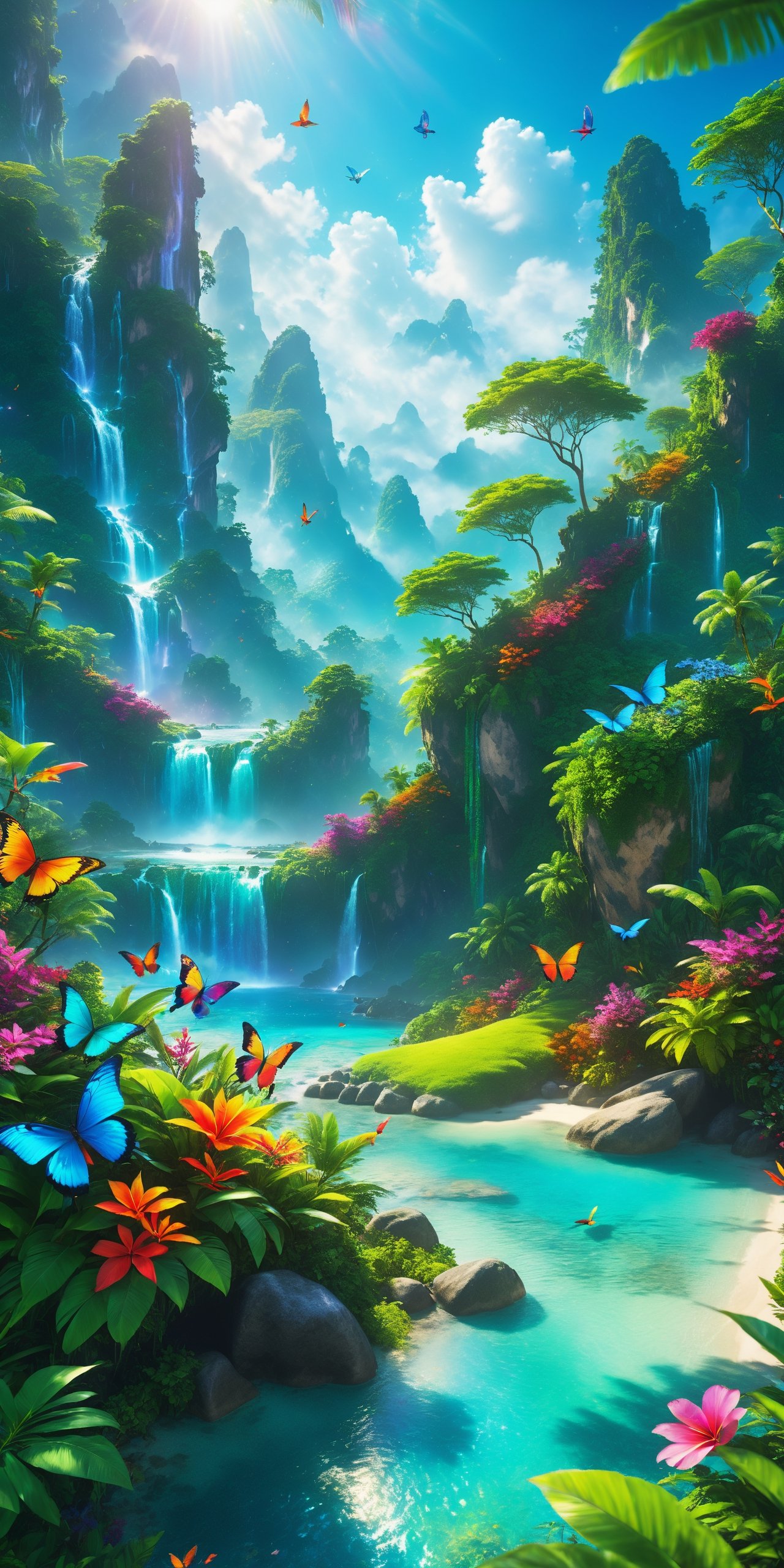 Masterpiece, best quality, high quality, highly detailed cg unity 8k wallpaper, an extremely colorful and pure fantasy environment, vibrant tones and vast bright blue cloudy skies, bright green grass landscapes, colorful trees, luscious berries and bright blue flowers, Crystal clear streams, waterfalls and valleys stretch into the distance of this exotic Environment that seems taken out of a dream, colorful butterflies and multicolored birds fly around the tropical paradise, award winning photography, bokeh, depth of field, HDR, bloom, chromatic aberration, realistic, very detailed, trending on artstation , trending on cgsociety, intricate, high detail, dramatic, midjourney art