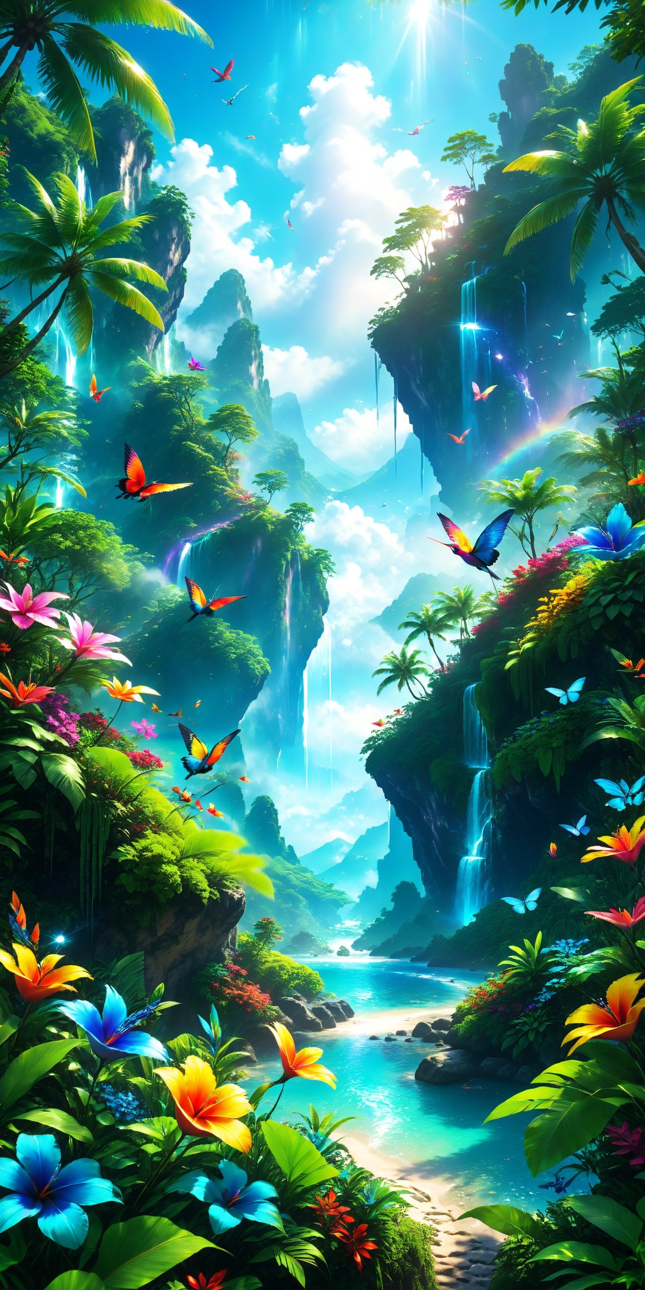 Masterpiece, best quality, high quality, highly detailed cg unity 8k wallpaper, an extremely colorful and pure fantasy environment, vibrant tones and vast bright blue cloudy skies, bright green grass landscapes, colorful trees, luscious berries and bright blue flowers, Crystal clear streams, waterfalls and valleys stretch into the distance of this exotic Environment that seems taken out of a dream, colorful butterflies and multicolored birds fly around the tropical paradise, award winning photography, bokeh, depth of field, HDR, bloom, chromatic aberration, realistic, very detailed, trending on artstation , trending on cgsociety, intricate, high detail, dramatic, midjourney art