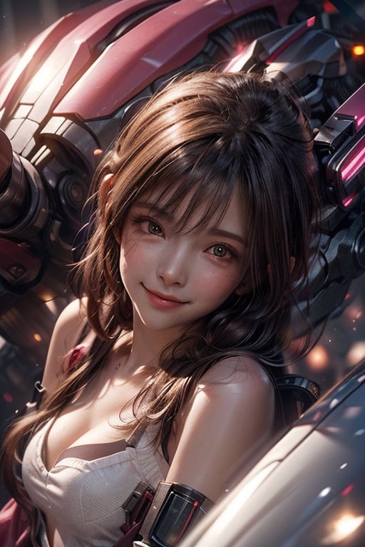 (candid photography) photo of a smiling girlfriend in her 20s, (sexy jawline), (lopsided smile:1.2), (wearing pink mecha), (blush:0.9), beautiful, masterpiece, remarkable color, ultra realistic, (tan skin:0.9), textured skin, remarkable detailed pupils, realistic dull skin noise, visible skin detail, skin fuzz, dry skin, perfect body, (goosebumps:0.5), (petite:0.9), standing pose, (upper body from knees framing:1.6), soft bounced lighting, (ray tracing:1.2), subsurface scattering, (from {side|above|below}), shot with red cinematic camera, RAW candid cinema, 50mm lens, Fujicolor Pro film,