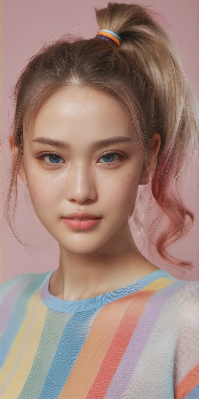 (glamour:1.3) photo of a beautiful (happy) young woman with messy_ponytail, sexy_feminine bodyfigure, model posing on a studio, BREAK wearing Rainbow-themed t-shirt with colorful stripes or arcs, (blush, blemishes:0.6), (goosebumps:0.5), subsurface scattering, sexy_jawline, expressive_face, detailed skin texture, (photorealistic:1.3), textured skin, realistic dull skin noise, visible skin detail, skin fuzz, remarkable color, photo r3al, aesthetic portrait, (upper_body from hips framing:1.2), rule_of_thirds, Fujicolor_Pro_Film,