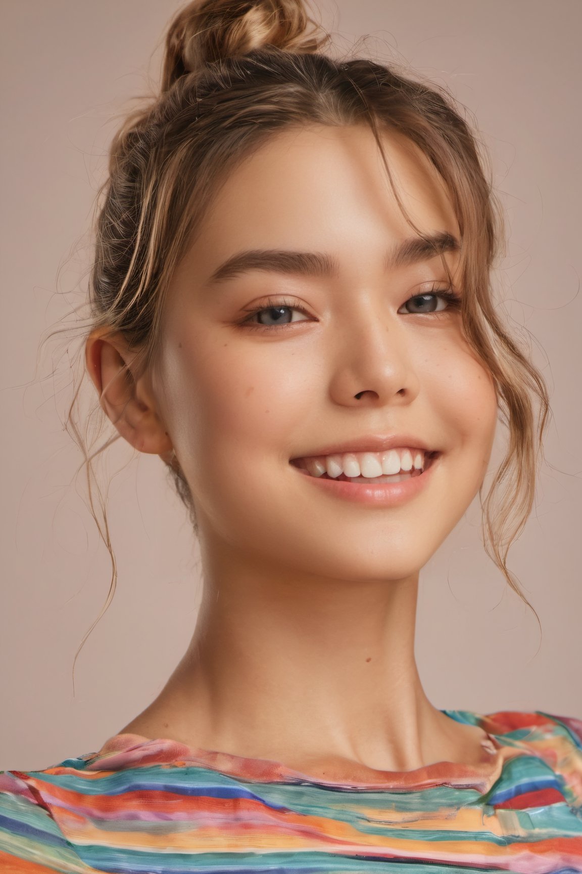 (glamour:1.3) photo of a beautiful (happy) young woman with messy_ponytail, sexy_feminine bodyfigure, model posing on a studio, BREAK wearing Rainbow-themed t-shirt with colorful stripes or arcs, (blush, blemishes:0.6), (goosebumps:0.5), subsurface scattering, sexy_jawline, expressive_face, detailed skin texture, (photorealistic:1.3), textured skin, realistic dull skin noise, visible skin detail, skin fuzz, remarkable color, photo r3al, aesthetic portrait, (upper_body from hips framing:1.2), rule_of_thirds, Fujicolor_Pro_Film,
