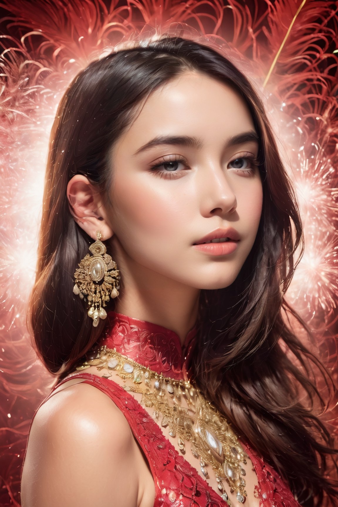 (glamour_photo:1.4) of a beautiful young model\(woman, girl\), (preteen:1.4), 1girl, (blush:0.5), (goosebumps, blemishes:0.5), subsurface scattering, detailed skin texture, textured skin, realistic dull skin noise, visible skin detail, skin fuzz, dry skin, perfect fingers & hands, realistic fingernails, feminine tone, BREAK wearing Elegant red Halter top dress, see-through bodycon, BREAK RAW Photo, (photorealistic, photorealism, realistic:1.3), SFW, (upper_body framing:1.3), Sexy_Pose, (New_Year:1.4), shot on ALEXA 65 camera, using Fujicolor Pro Film, Enhanced All,