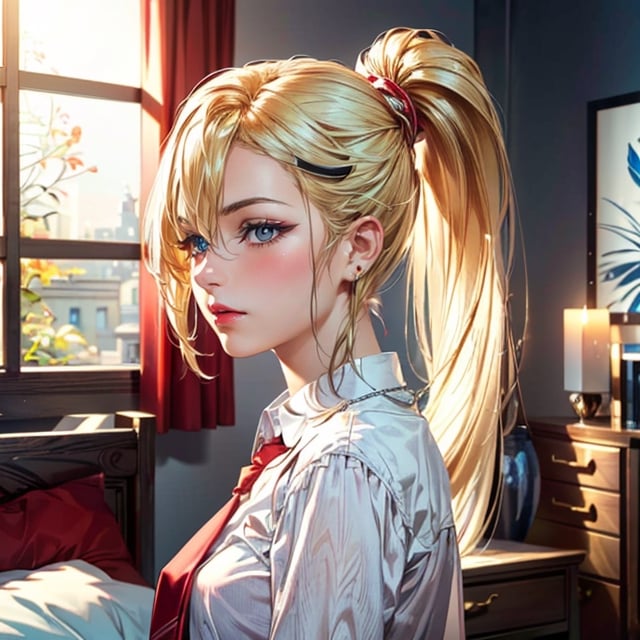 A very cute and beautiful blonde girl pictures,yamanaka ino, (ponytail:1.5),(10years old: 1.1), portrait of a girl,expressionless, upper body image, When viewed from the front, the composition is symmetrical, (looking straight at you:1.3),(bedroom:1.3),
BREAK,
(blonde hair: 1.2),(detailed beautiful girl: 1.4), Parted lips, Red lips, (shiny skin),
BREAK
(View viewer,necklace,red necktie,white skirt,(white shirt:1.4),long sleeves,
BREAK, 
(detailed bedroom background:1.2), (Studio lighting: 1.3), (Cinematic lights: 1.3), (backlight: 1.3), dim lighting, lighting that covers the whole body,
BREAK, 
(Realistic, Photorealistic: 1.37), (Masterpiece, Best Quality: 1.2), (Ultra High Resolution: 1.2), (RAW Photo: 1.2), (Sharp Focus: 1.3), (Face Focus: 1.2), (Ultra Detailed CG Unified 8k Wallpaper: 1.2), (Beautiful Skin: 1.2), (pale Skin: 1.3), (Hyper Sharp Focus: 1.5), (Ultra Sharp Focus: 1.5), ( Beautiful pretty face: 1.3), (super detailed background, detail background: 1.3), Ultra Realistic Photo, Hyper Sharp Image, Hyper Detail Image,realistic,sleepy, iu, yuuki asuna, 