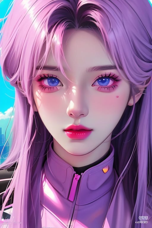 2023 style attractive and glowing super detailed lofi pastel kpop girl, very detailed and well designed expressive eyes, realistic anime, lofi vaporwave anime city landscape, synthwave, futuristic vibes, vaporwave colour, anime, modern style, 2023 style, simple --niji