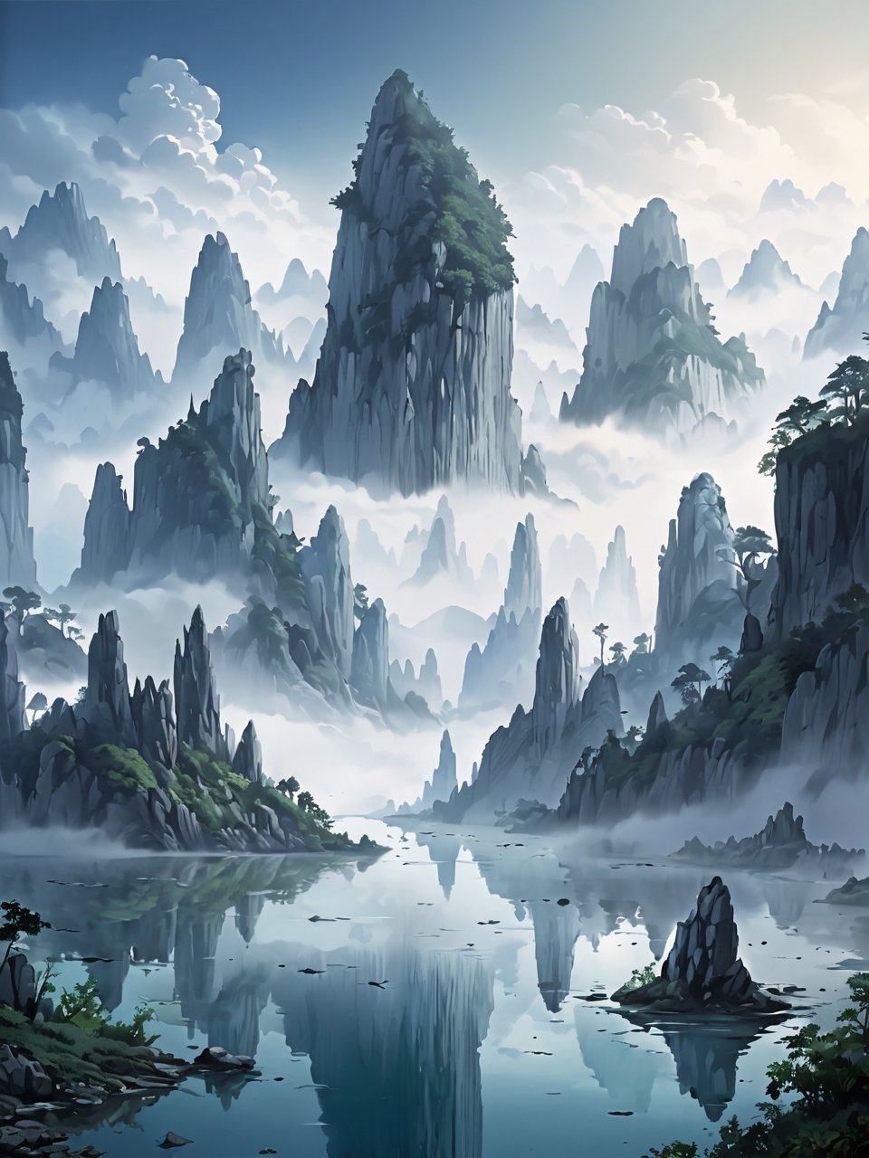 ((extremely detailed illustration)), highres, ((extremely detailed and beautiful background)), (professional illustrasion), (official art), ((Ultra-precise depiction)), ((Ultra-detailed depiction)), beautiful detailed, intricate:1.1,
A mystical karst landscape shrouded in misty fog. Towering limestone pillars rise up from the still waters of a serene lake, their craggy peaks piercing through the low-hanging clouds. The ancient rock formations cast long shadows across the glassy surface, creating an otherworldly reflection. Lush green foliage clings to the base of the mountains, contrasting with the cool grays and blues of the fog-drenched scene. The air has a dream-like haziness, lending an ethereal quality to this primordial vista that seems untouched by time,