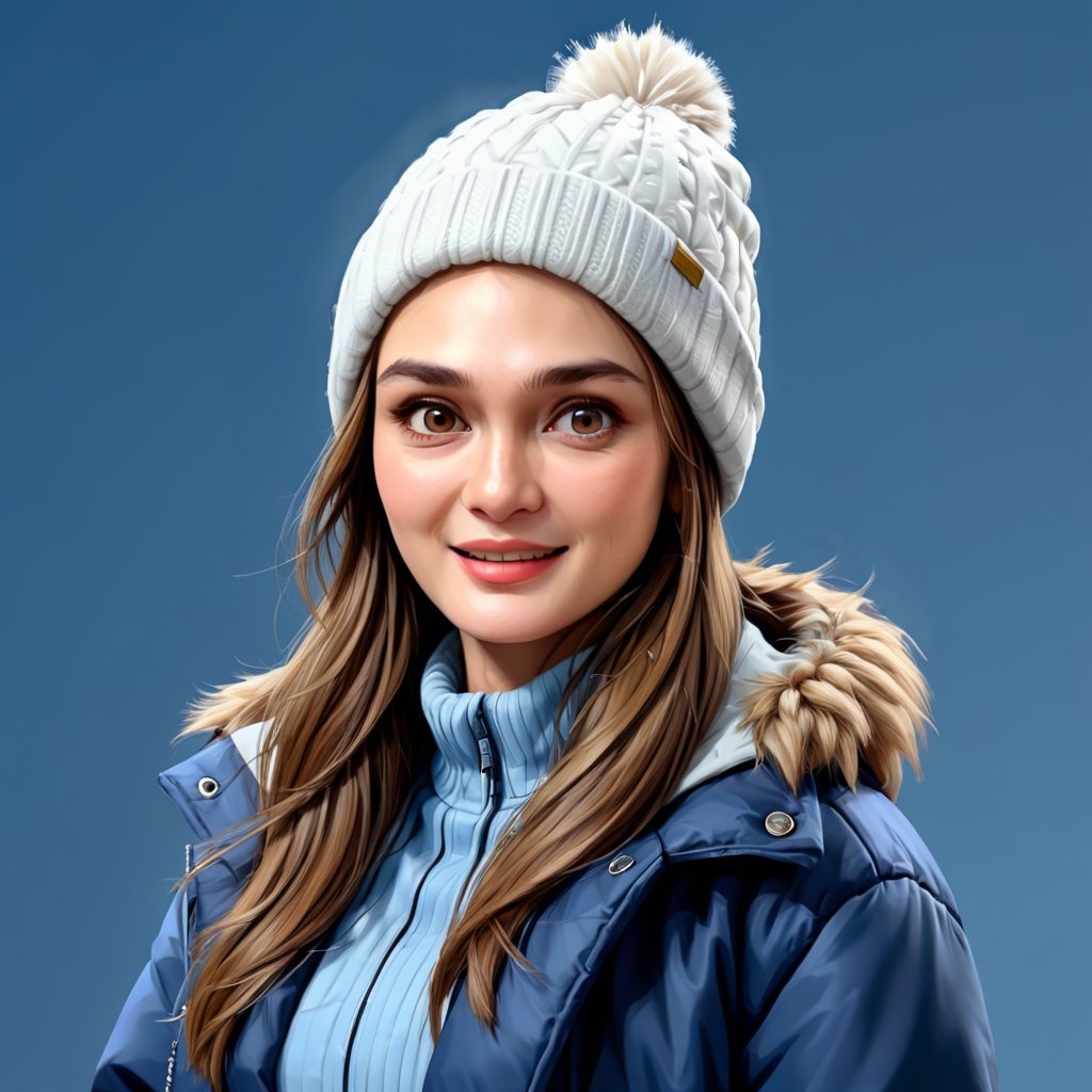Create a realistic 3D lun4, luna maya, woman, caricature, 3D oil painting caricature, wearing (winter clothes), (medium shot), resembling, (random contrast) solid background,