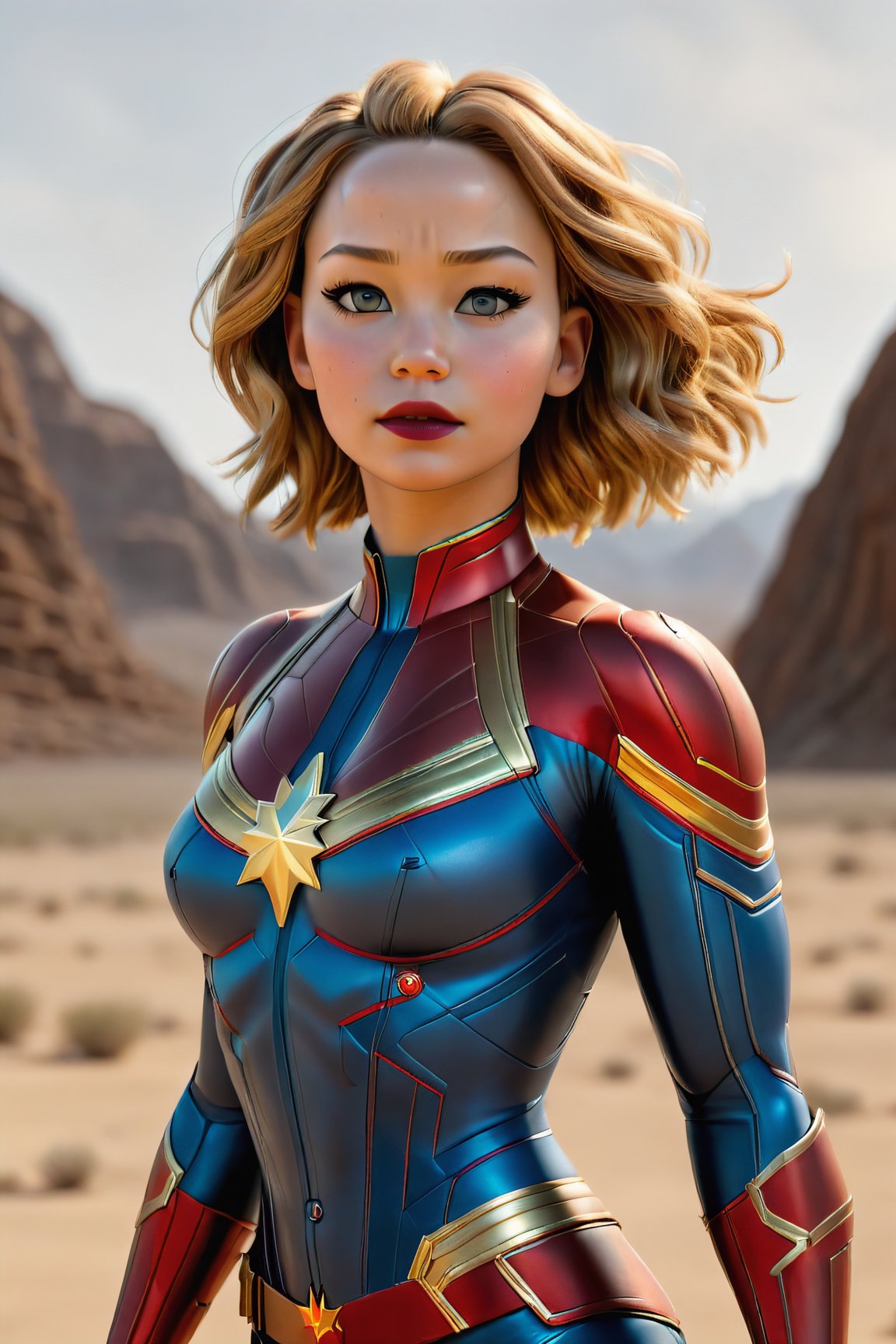 masterpiece, 1girl, solo, photo full body of thecaptain marvel costume  ,tight bodysuit, looking at viewer, tan skin, sagging breast, makeup, dark lips, floating in dessert, detailed skin, detailed eyes, depth of field, 8k uhd, dslr, dim lighting, high quality, film grain, detailed eyes, unreal engine 5, detailed face, perfect anatomy,
,Movie Still,Film Still,Leonardo Style,HZ Steampunk, jennifer lawrence