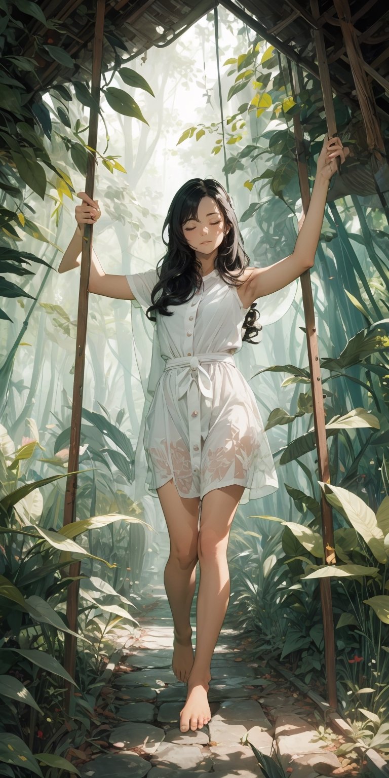 A fairy with closed eyes, long hair to the floor, barefoot, white skin, leaf-textured forest dress, holding a round transparent ball, forest background, low indirect lighting, cinematic, full_body,nindi