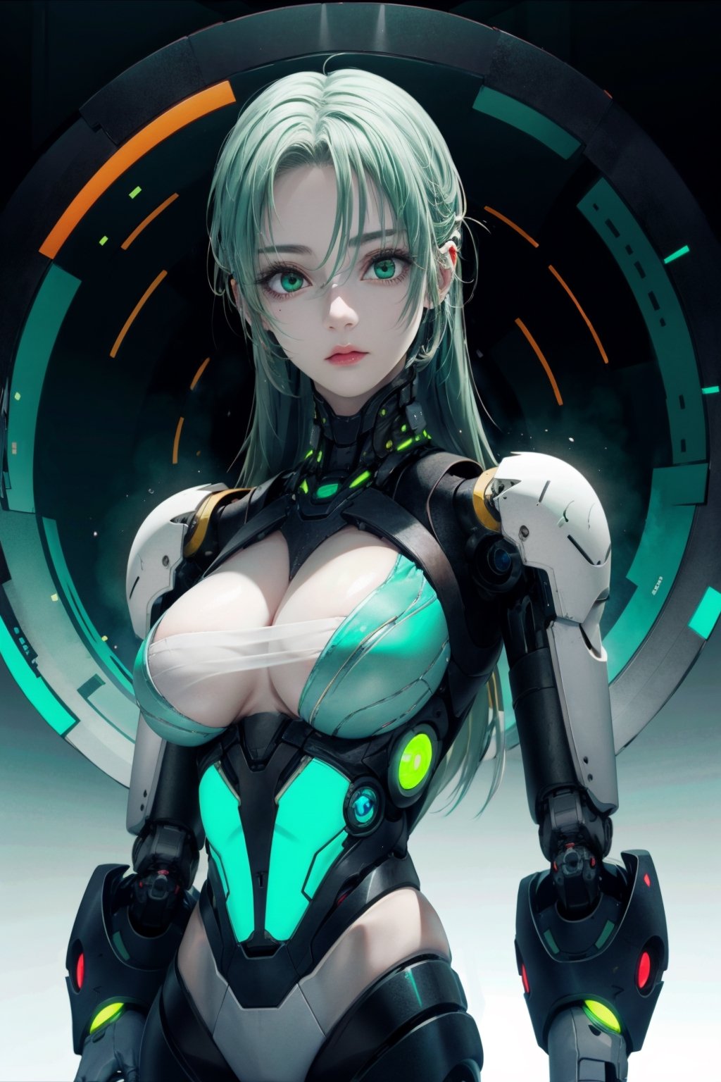 shodanSS_soul3142, 1girl, solo, green eyes, glowing eyes, robot joints, long hair, looking at viewer, glowing, green hair, grey skin, android, colored skin,sagging breasts,