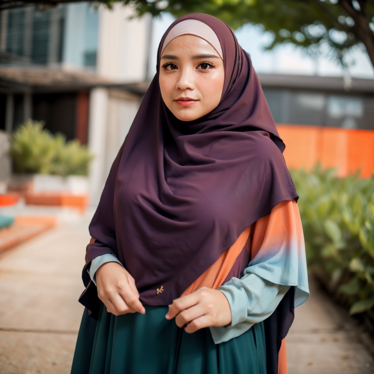 lady, 25 years old, hijab, modest, graceful, delicate face, perfect, royal, random color dress, random aesthetic outdoor background, loose clothes,exposure blend, cowboy shot, bokeh, (hdr:1.4), high contrast, (cinematic, teal and orange:0.85), (muted colors, dim colors, soothing tones:1.3), low saturation, dramatic pose, upper body, mature face,gamis, smile, aesthetic,perfecteyes,n4git4