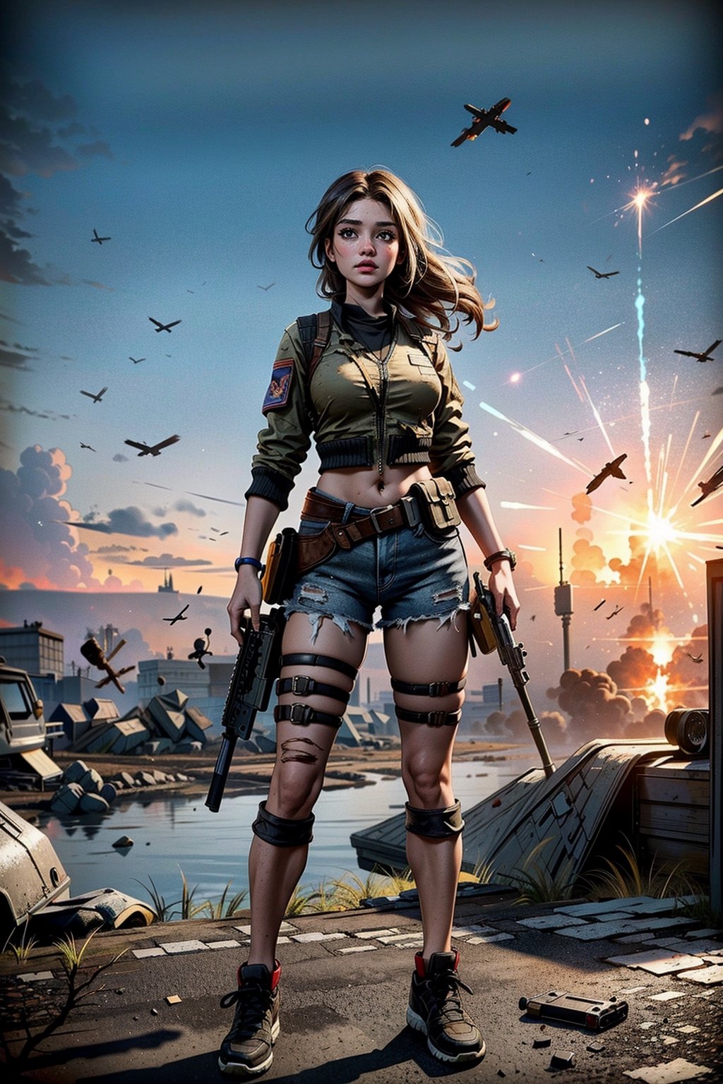 best quality,masterpiece,illustration,super detailed,High detail RAW photo,professional photograph,ultra-detailed,CG,unity,8k wallpaper,extremely detailed CG,extremely detailed,extremely detailed,Amazing,finely detail,official art,High quality texture,highres,
random hair, intricate, feminine,beautiful, highly detailed,digital , PUBG game,photography, Pubg girl charector, 1girl, with M416 glacier AMR, full size image, in battlefield , holding gun,  6x scope , war,(full body)fighting_stance,dynamic pose,standing,Detailedface, (ruined city  background),torn clothes