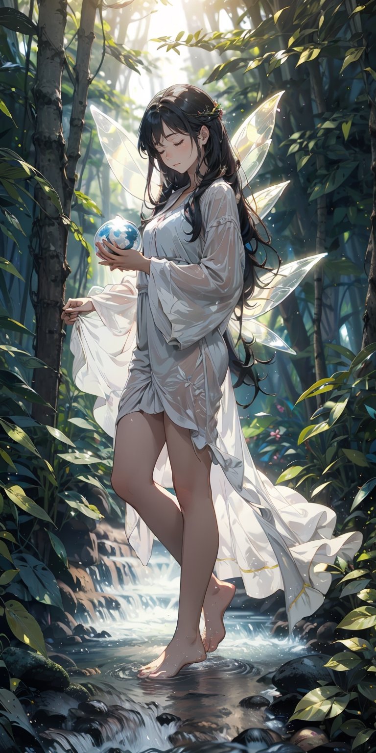A fairy with closed eyes, long hair to the floor, barefoot, white skin, leaf-textured forest dress, holding a round transparent ball, forest background, low indirect lighting, cinematic, full_body,p3v1t4