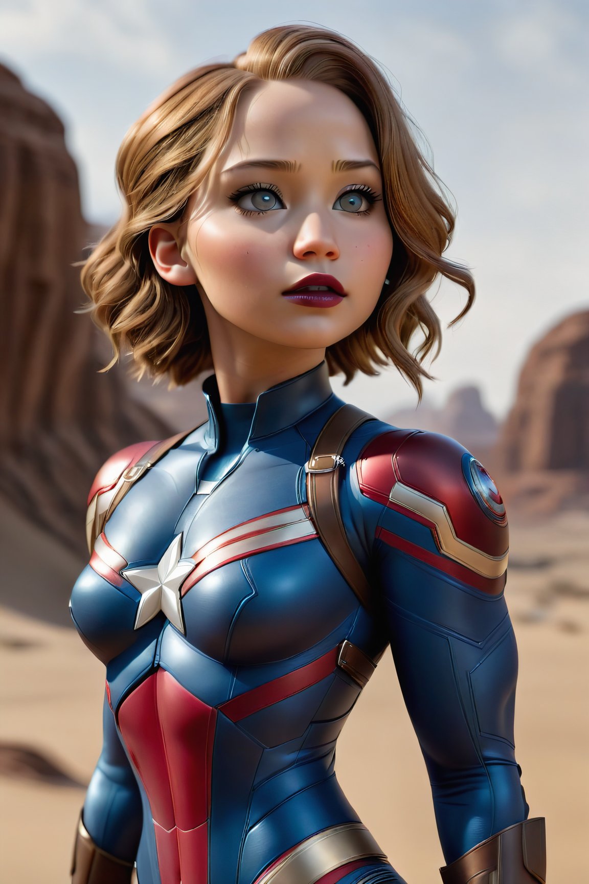 masterpiece, 1girl, solo, photo full body of the captain america costume  ,tight bodysuit, looking at viewer, tan skin, sagging breast, makeup, dark lips, floating in dessert, detailed skin, detailed eyes, depth of field, 8k uhd, dslr, dim lighting, high quality, film grain, detailed eyes, unreal engine 5, detailed face, perfect anatomy,
,Movie Still,Film Still,Leonardo Style,HZ Steampunk, jennifer lawrence