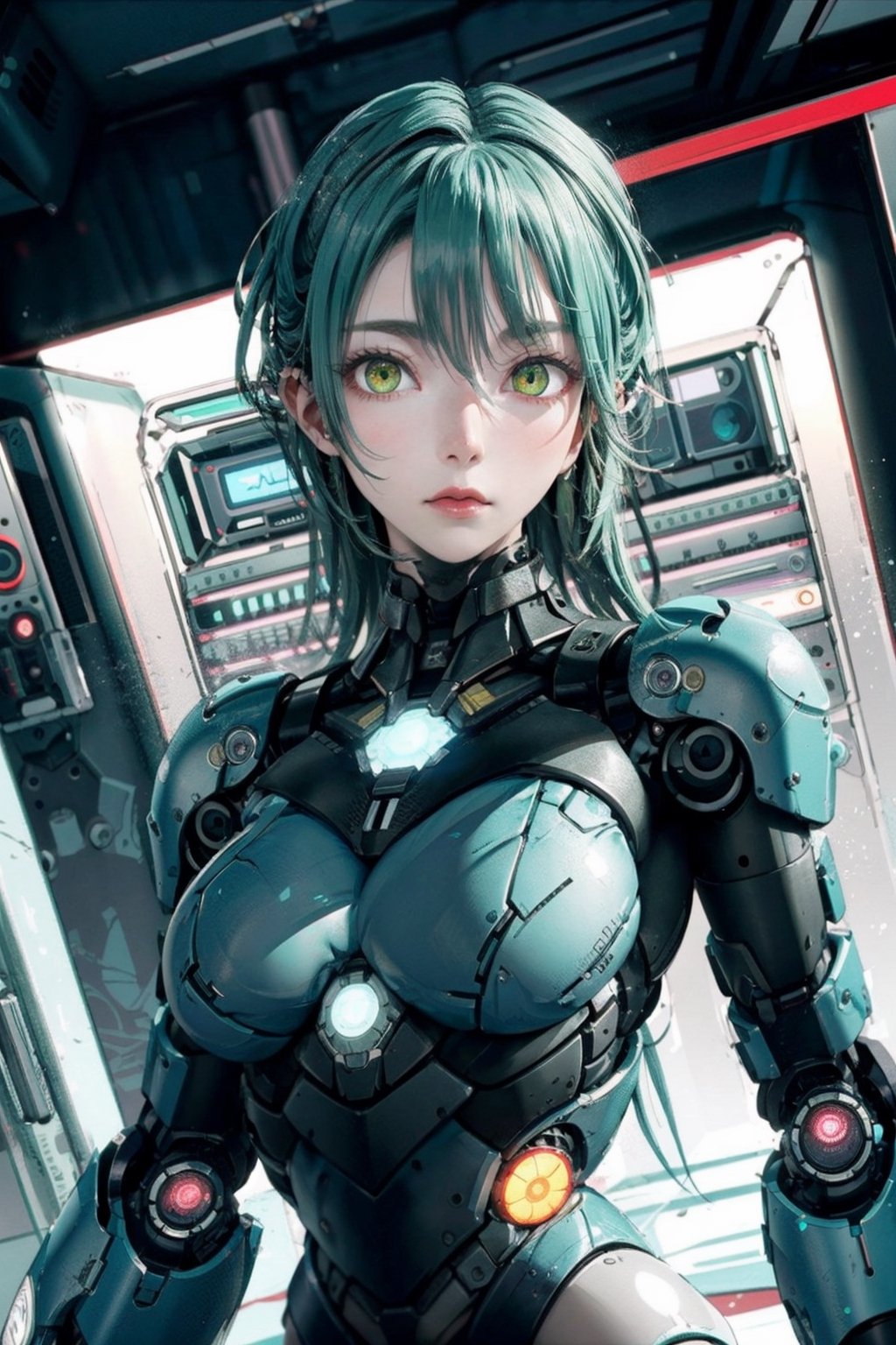 shodanSS_soul3142, 1girl, solo, green eyes, glowing eyes, robot joints, long hair, looking at viewer, glowing, green hair, grey skin, android, colored skin,sagging breasts,ai_uehara