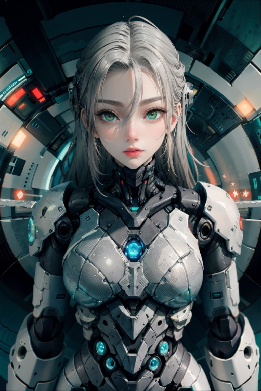 shodanSS_soul3142, 1girl, solo, green eyes, glowing eyes, robot joints, long hair, looking at viewer, glowing, green hair, grey skin, android, colored skin,sagging breasts,SAM YANG,c3ln