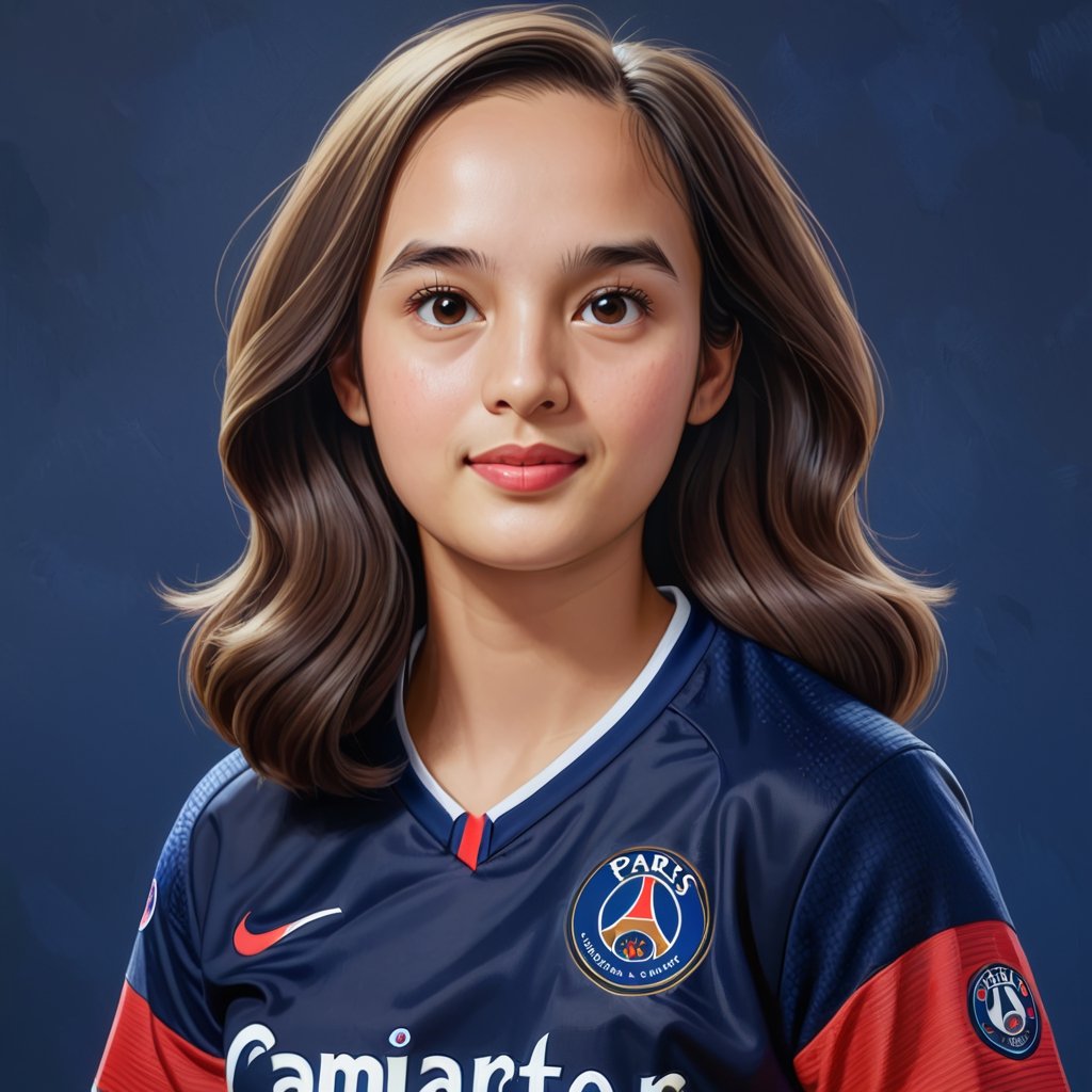 Create a realistic 3D ch3ls3a, chelsea islan, woman, caricature, 3D oil painting caricature, wearing (female PSG jersey), resembling, (random contrast) solid background, medium shot,