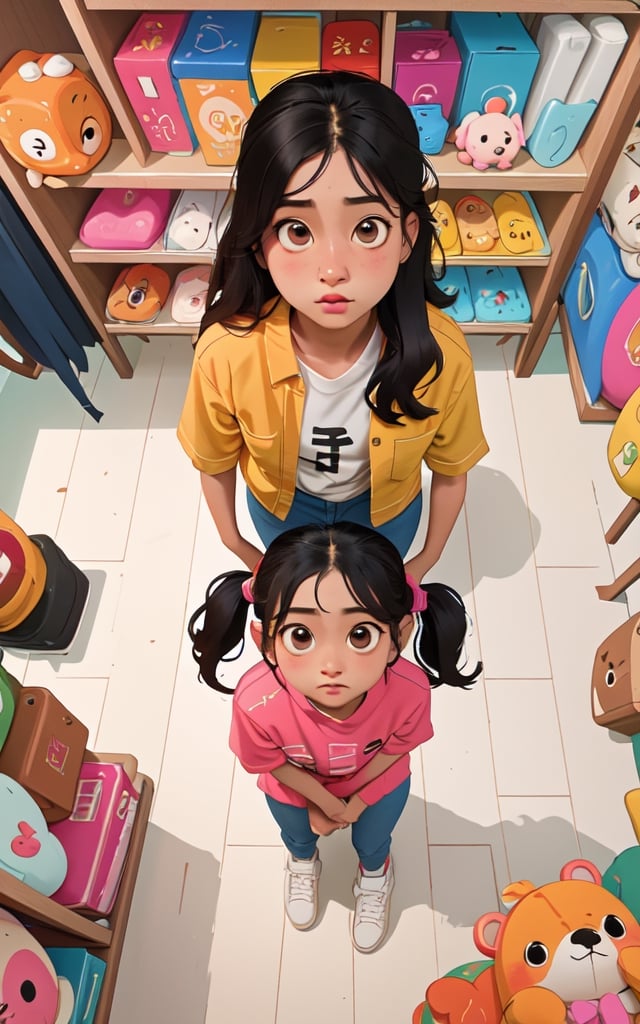 masterpiece, best quality, high detailed, colorful, from above, solo, realistic, girl standing in a store with lots of stuffed animals on the shelves and a bag of stuff, hazel eyes, fisheye lens
,mandha,perfect,nindi
