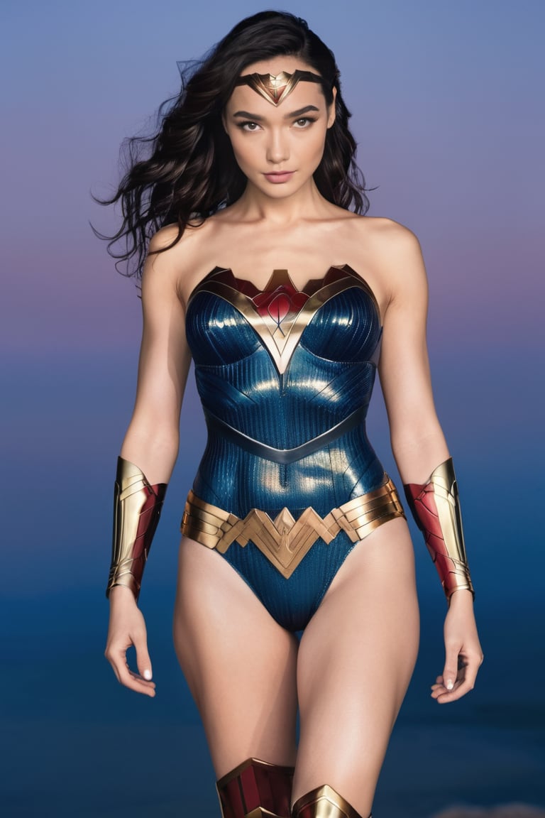 (in the combined style of Mœbius and french comics), (minimal vector:1.1), medium shot of woman, ((full body)), simple background, gal gadot, wearing bikini armor, DonMM1y4XL,OHWX