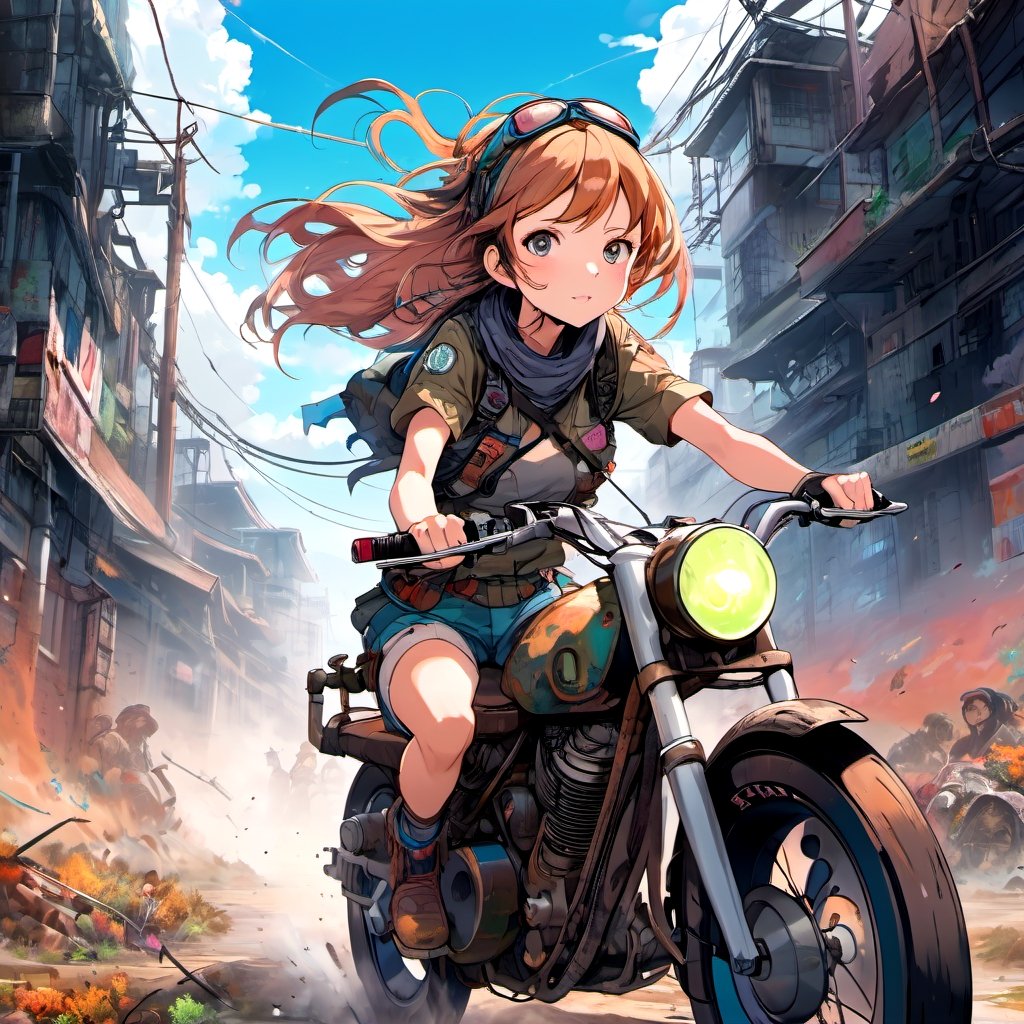 anime,(masterpiece, top quality, best quality, official art, beautiful and aesthetic:1.2), (1girl), (upper body),extreme detailed, (riding a bike), (driving in  top speed),  (post apocalyptic:1.3),colorful,highest detailed,