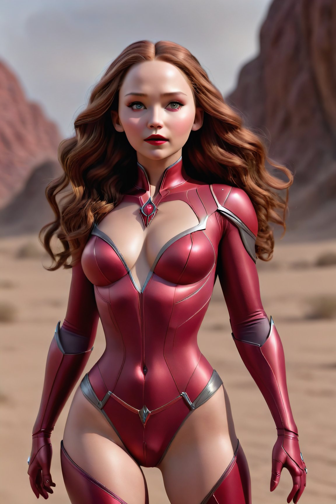 masterpiece, 1girl, solo, photo full body of the scarlet witch costume  ,tight bodysuit, looking at viewer, tan skin, sagging breast, makeup, dark lips, floating in dessert, detailed skin, detailed eyes, depth of field, 8k uhd, dslr, dim lighting, high quality, film grain, detailed eyes, unreal engine 5, detailed face, perfect anatomy,
,Movie Still,Film Still,Leonardo Style,HZ Steampunk, jennifer lawrence