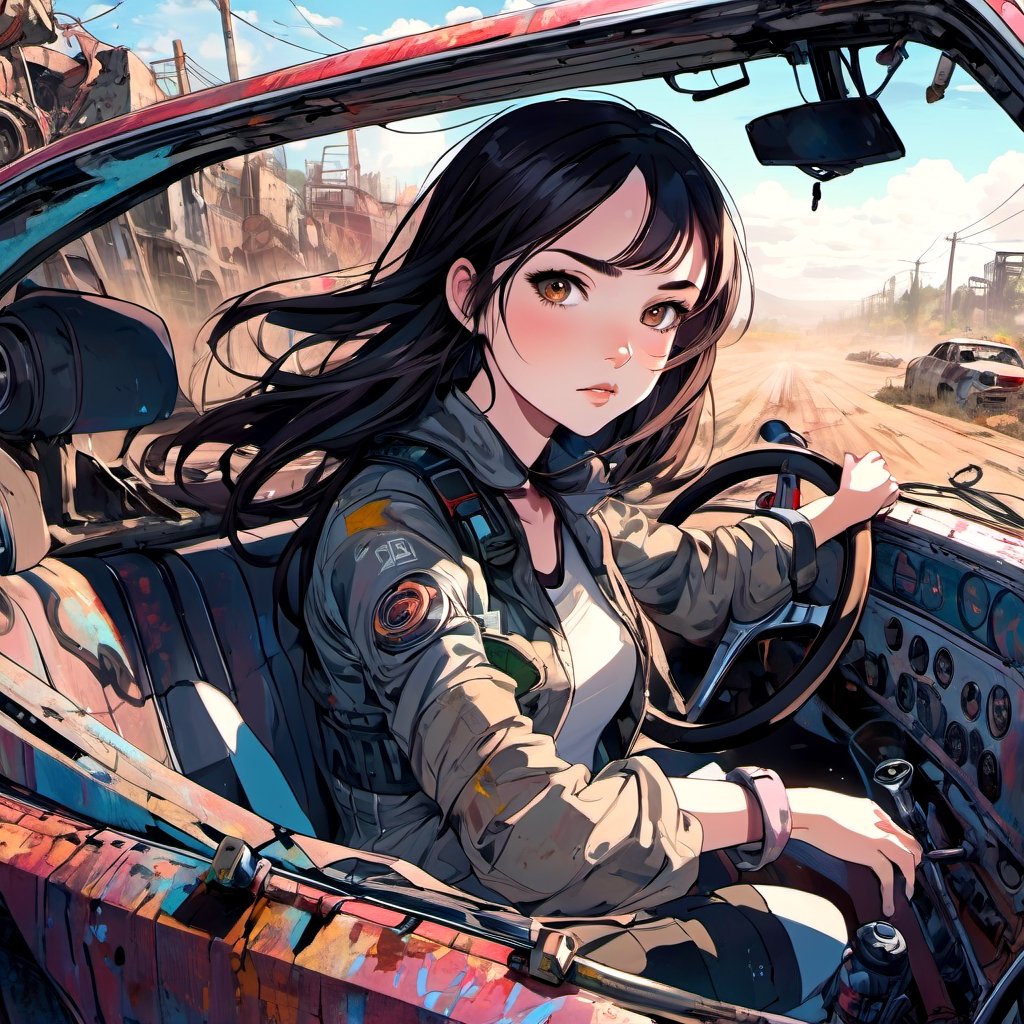 anime,(masterpiece, top quality, best quality, official art, beautiful and aesthetic:1.2), (1girl), upper body,extreme detailed, driving a car in full speed,  (holding a steering wheel),  (post apocalyptic:1.3),colorful,highest detailed,Sasha Grey