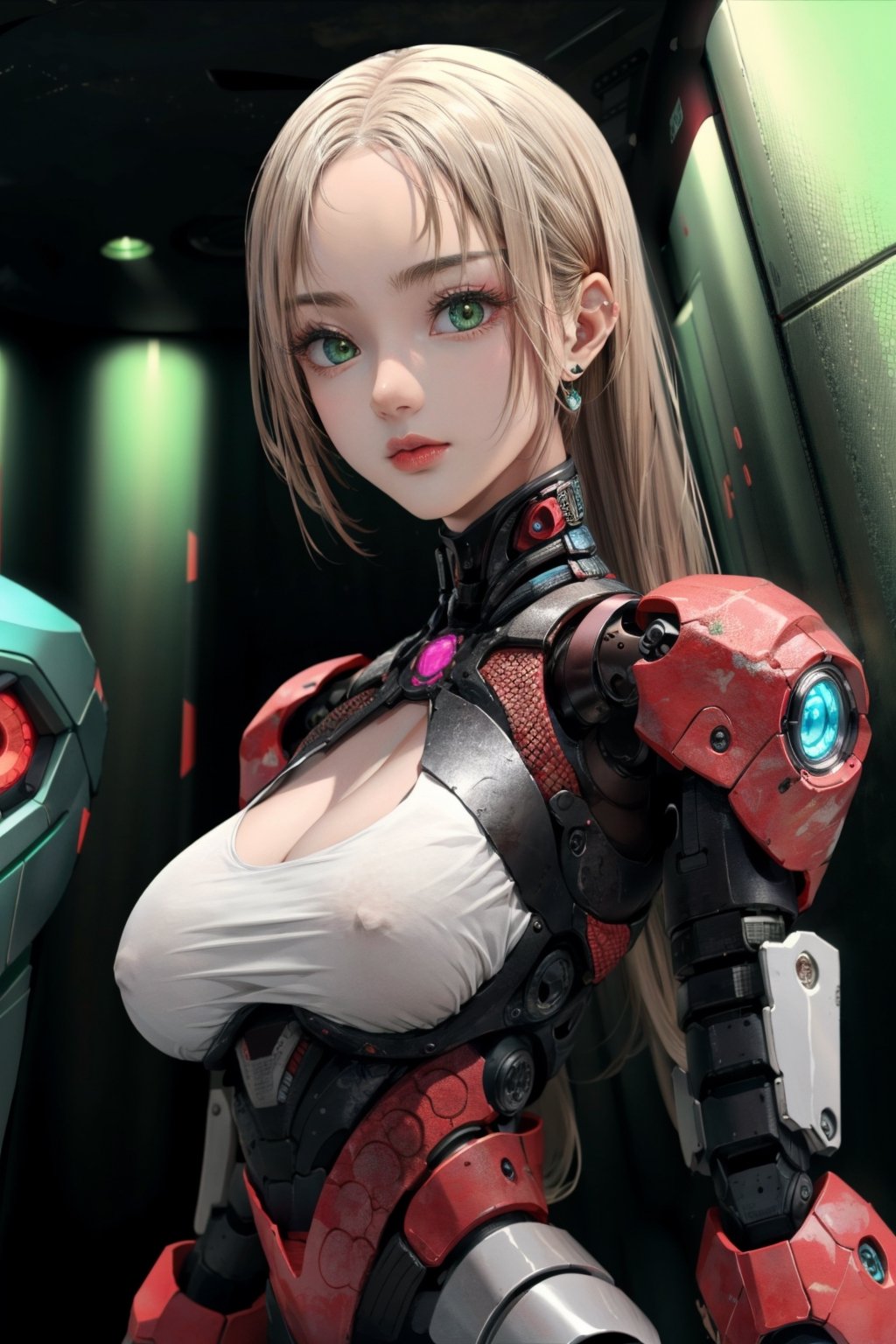 shodanSS_soul3142, 1girl, solo, green eyes, glowing eyes, robot joints, long hair, looking at viewer, glowing, green hair, grey skin, android, colored skin,sagging breasts,gheayoubi
