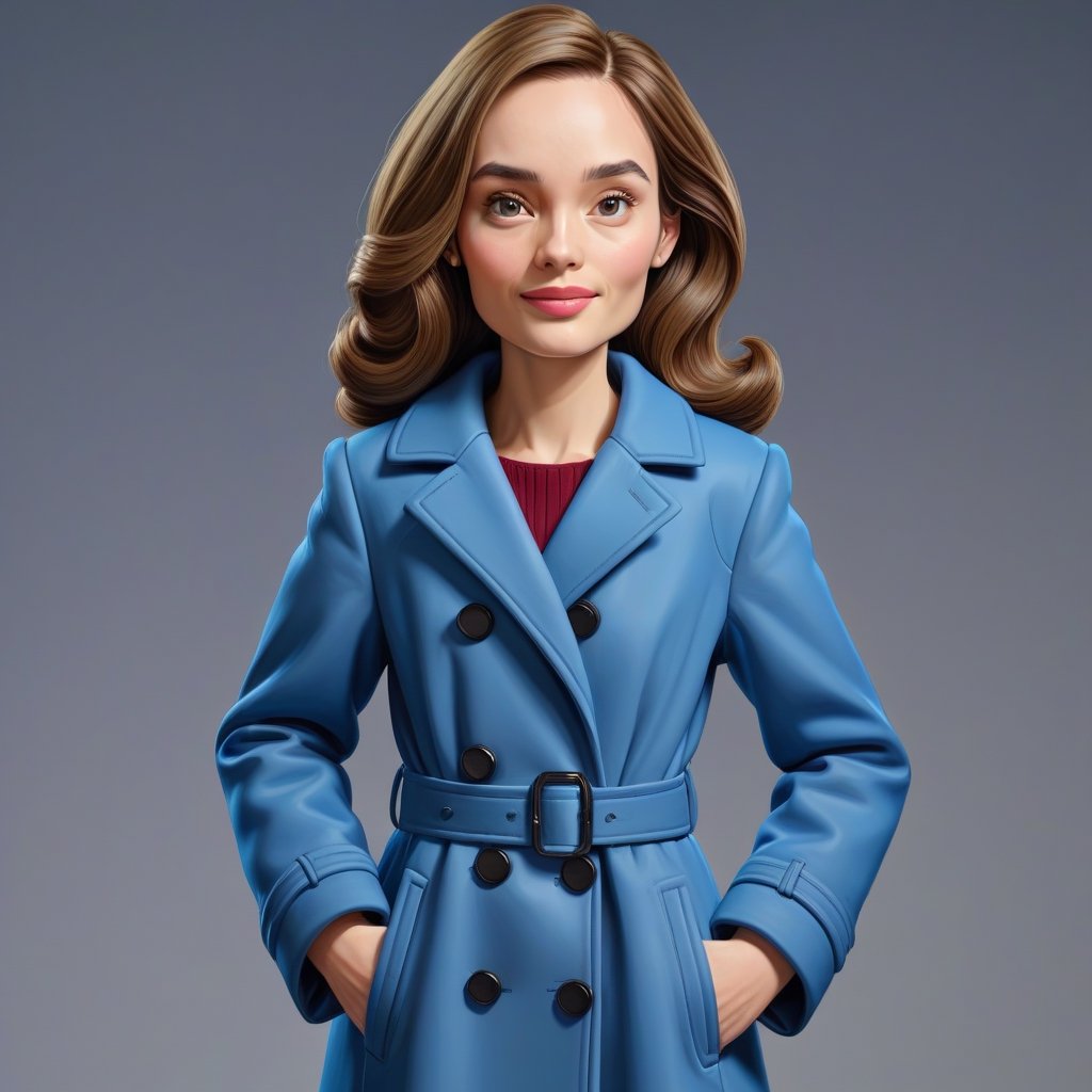 Create a realistic 3D woman, caricature, 3D oil painting caricature, wearing (long coat), resembling, (random contrast) solid background, medium shot, masterpiece 