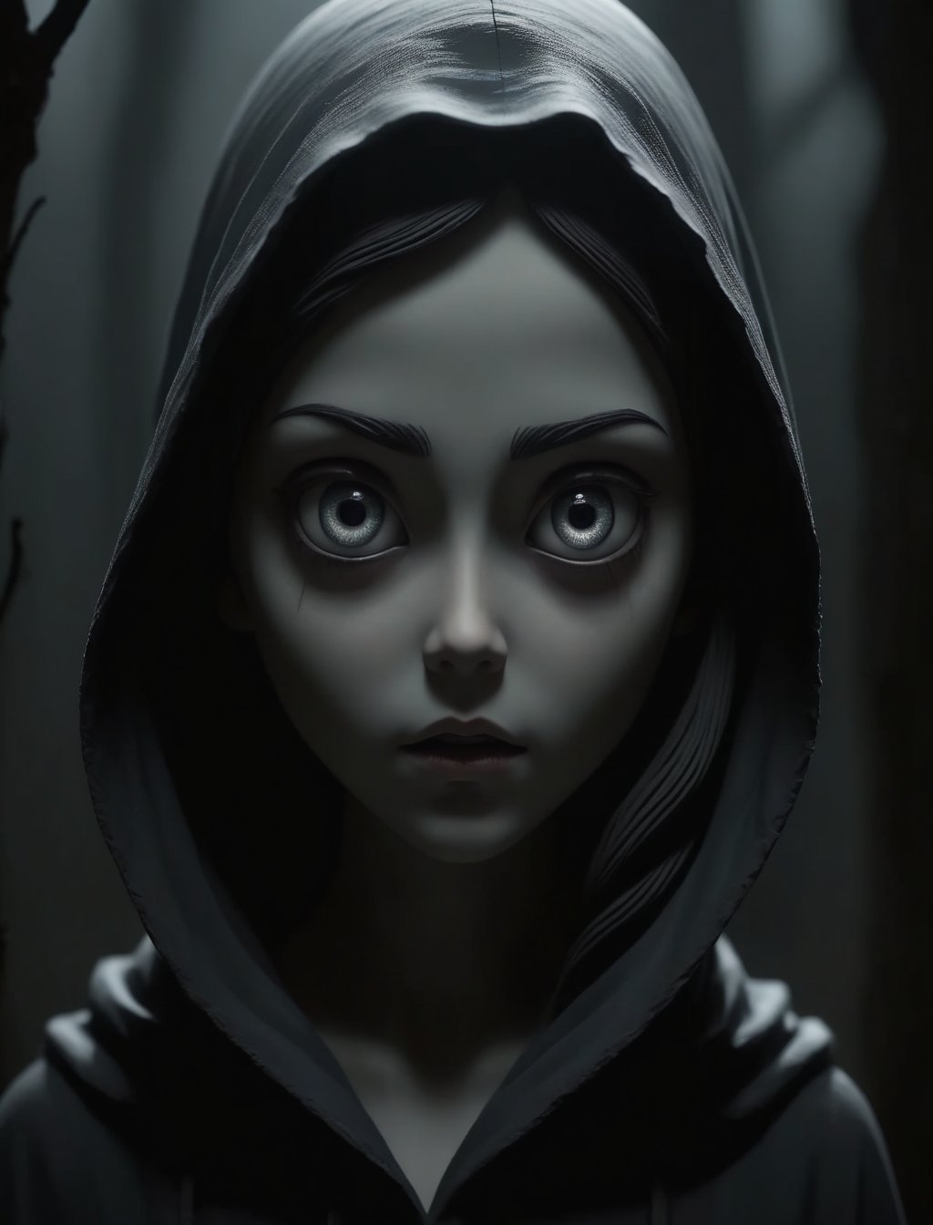 Clay, Clay animation, "4K resolution, dark and mysterious style, depicting a girl with a frightening aura. | The girl is shrouded in shadows, her eyes shine with frightening intensity, and her posture conveys a sense of menace. | Gloomy composition, highlighting the figure of the girl amidst the darkness, with details such as her piercing eyes and the charged atmosphere. | The scene evokes a feeling of fear and mystery, with the girl emanating a frightening aura that dominates the environment around her. | A sinister figure shrouded in shadows, with penetrating eyes and a threatening posture, inspiring fear and mystery. | She is adopting a ((sinister pose, with eyes glowing ominously and a threatening stance):1.3), ((upper body image)), perfect gaze, ominous aura, perfect, menacing, More Detail," 