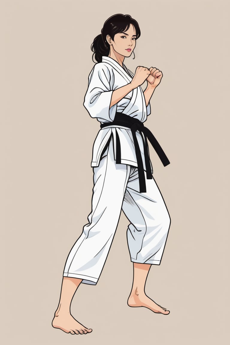 (in the combined style of Mœbius and french comics), (minimal vector:1.1), medium shot of woman, ((full body)), simple background, wearing karate costume, ,DonMM1y4XL,femaleroverwuwa