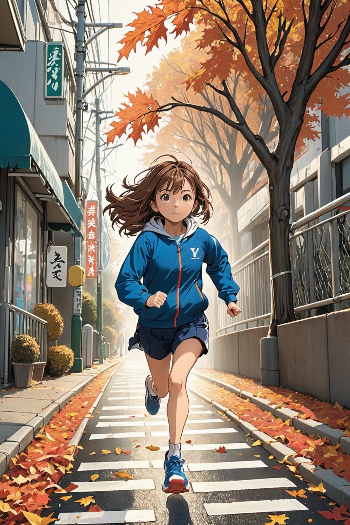 best quality, masterpiece, ultra high res, Cinematic, 35mm lens, f/ 1. 8, accent lighting, 8k, absurdres, highres, ultra detailed,
1 slender woman, running the sidewalk , in the autumn morning, dynamic angle, dynamic pose,yua_mikami