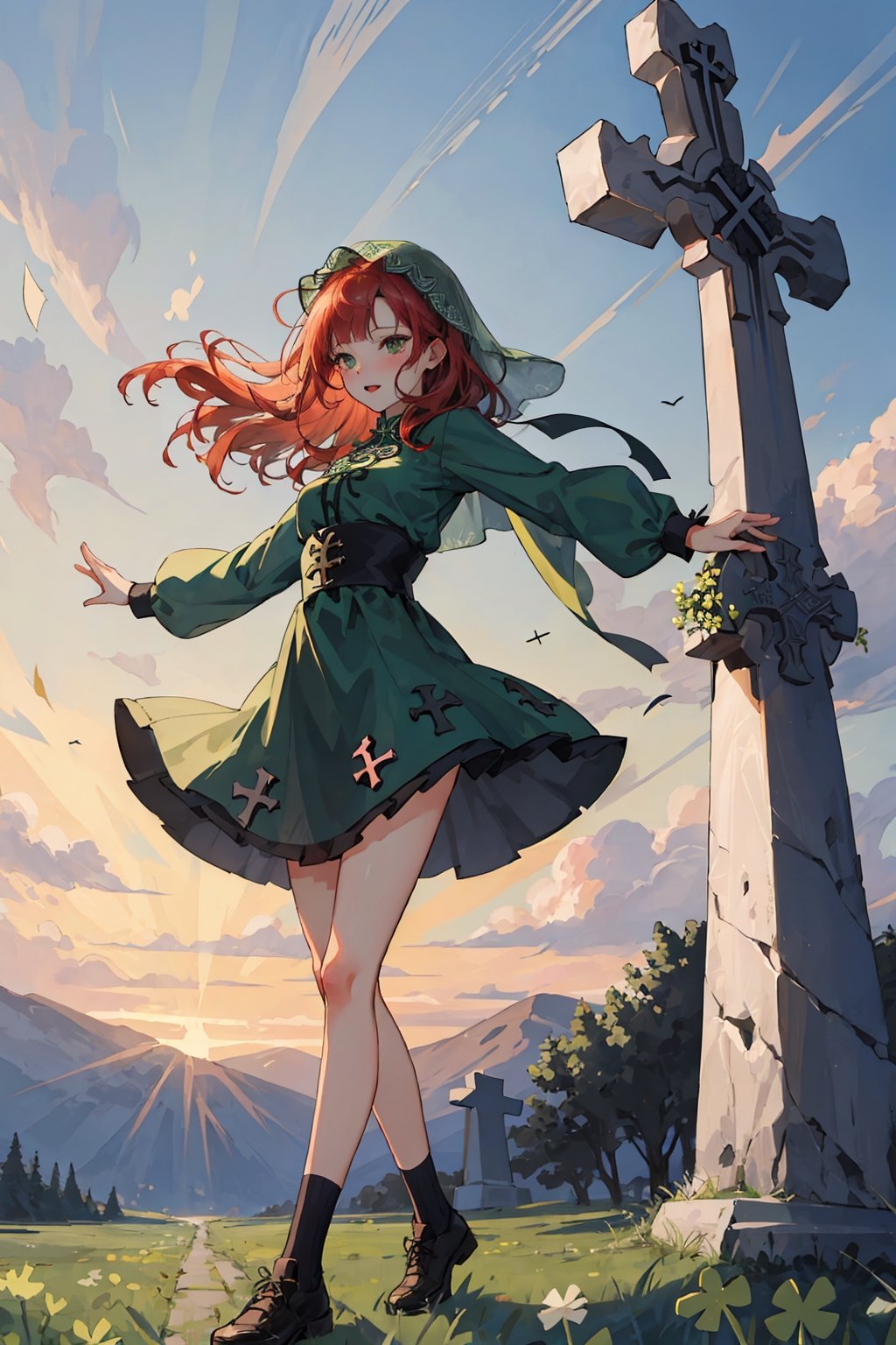 (8k), (highest quality:1.1), (best quality:1.1), (masterpiece:1.1), (ultra-detailed), perfect anatomy, correct anatomy, perfect proportion, perfect face, perfect hands, perfect legs, perfect fingers, side view, BREAK 1girl, solo, red hair, BREAK green bridal veil bonnet, green see through dress, long skirt, ruffling hair in the wind, spreading out her arms, BREAK outdoors, (celtic cross stone with Insular art:1.5), breeze, (hillside:1.3), (clover field:1.3), (twilight sky:1.2), sunset