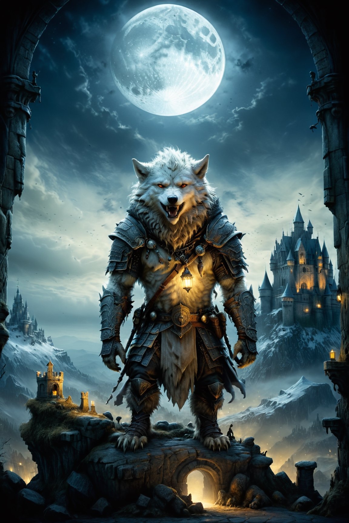 (((Top Quality: 1.4))), (Art by jean baptiste monge),(Unparalleled Masterpiece),(Ultra High Definition),(Ultra-Realistic 8k CG),chiaroscuro,cute white werwolf,king of werwolves, massive mascular body, standing,fluffy body , in dark medieval castle,horror , eerie moon light makes gradient of shadows and adds depth to images, (magic mysterious background,highly detailed baclgound, glowing particles, ethereal fog, faint darkness), hype realistic cover photo awesome full color, Cinematic, (hyper detail: 1.2), perfect anatomy,more detail XL,Leonardo Style,,detailmaster2,((over waist image:1.8)),,realistic,monster,eyes shoot