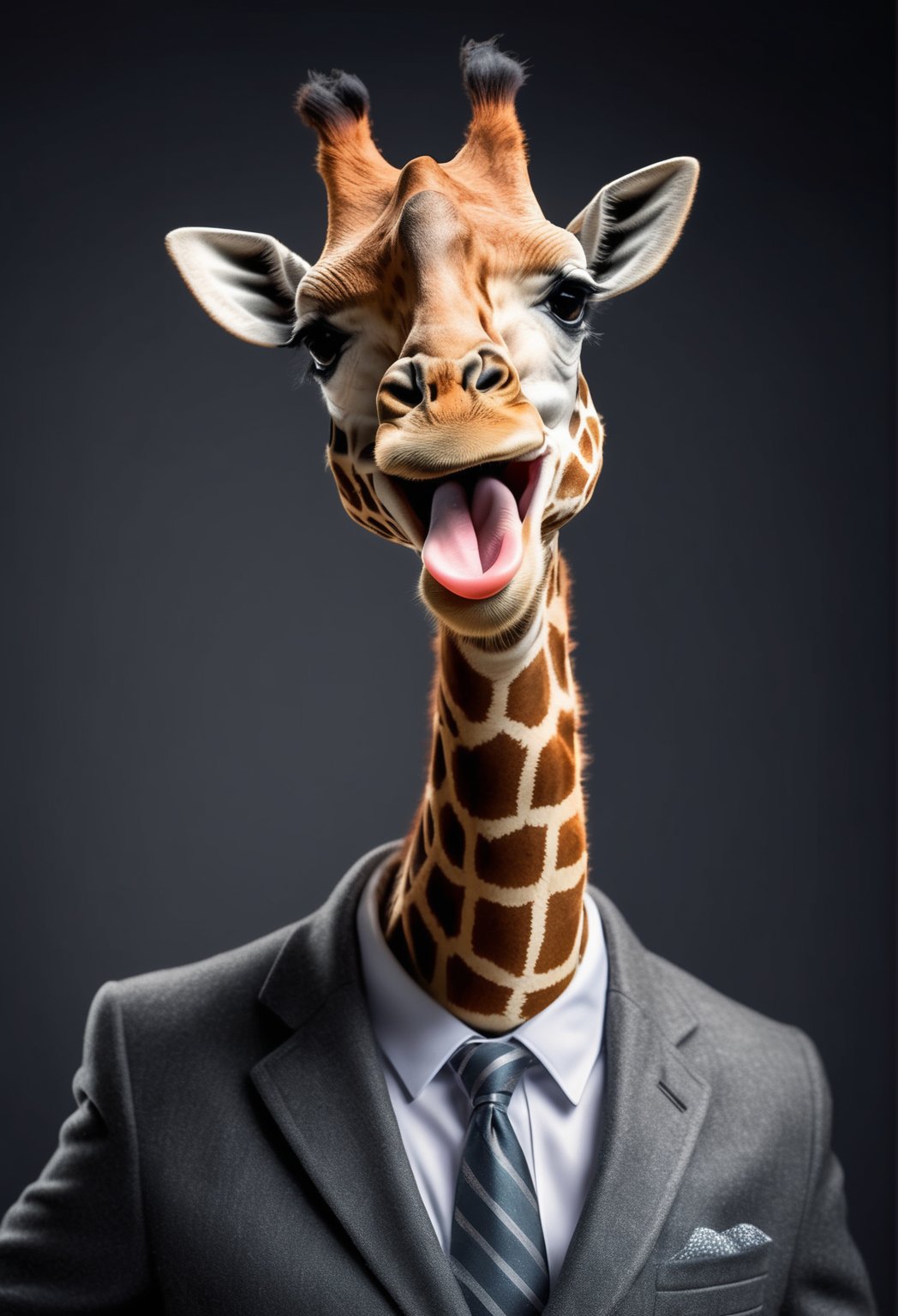 face close up photo of anthropomorphic fat cute baby giraffe,(furry), dressed in a dark gray suit, (sticking out tongue:1.5),(happy smile:1.5),(playful:1.2), soft lighting, Cinematic, hdr, primitive, Intricate, High quality, smoothing tones, Intricate details, Low contrast,(viewed from side:2.0), (looking to the side:1.5), simple background