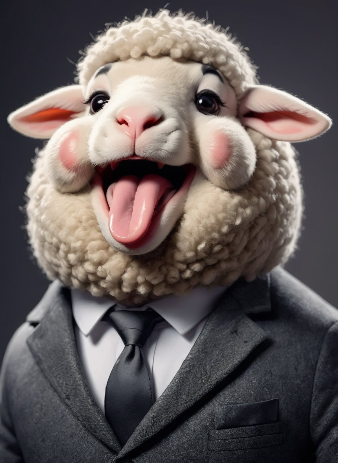 face close up image of anthropomorphic sheep,(tongue), (furry),dressed in a dark gray suit, (sticking out tongue:1.5),(happy smile),(innocent:1.2), soft lighting, Cinematic, hdr, primitive,smooth cheek , High quality, smoothing tones, primitive, Low contrast,(viewed from side:2.0), (looking to the side:1.5), simple background,comic book