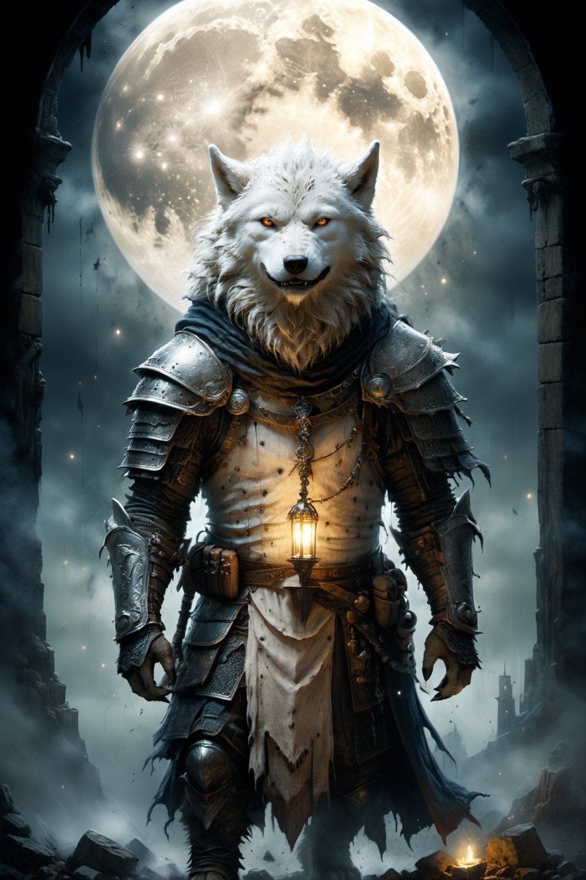 (((Top Quality: 1.4))), (Art by jean baptiste monge),(Unparalleled Masterpiece),(Ultra High Definition),(Ultra-Realistic 8k CG),chiaroscuro,cute white werwolf,king of werwolves, massive mascular body, standing,fluffy body , in dark medieval castle,horror , eerie moon light makes gradient of shadows and adds depth to images, (magic mysterious background,highly detailed baclgound, glowing particles, ethereal fog, faint darkness), hype realistic cover photo awesome full color, Cinematic, (hyper detail: 1.2), perfect anatomy,more detail XL,Leonardo Style,,detailmaster2,((over waist image:1.8)),,realistic,monster,eyes shoot,xxmix_girl,xxmixgirl